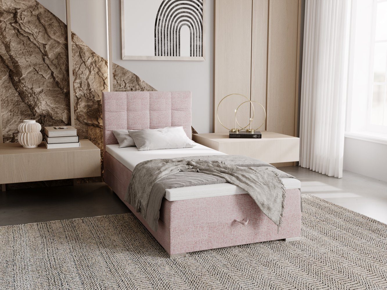Čalúnená posteľ 90x200 ELSIE 2 s úložným priestorom - ružová, ľavé prevedenie