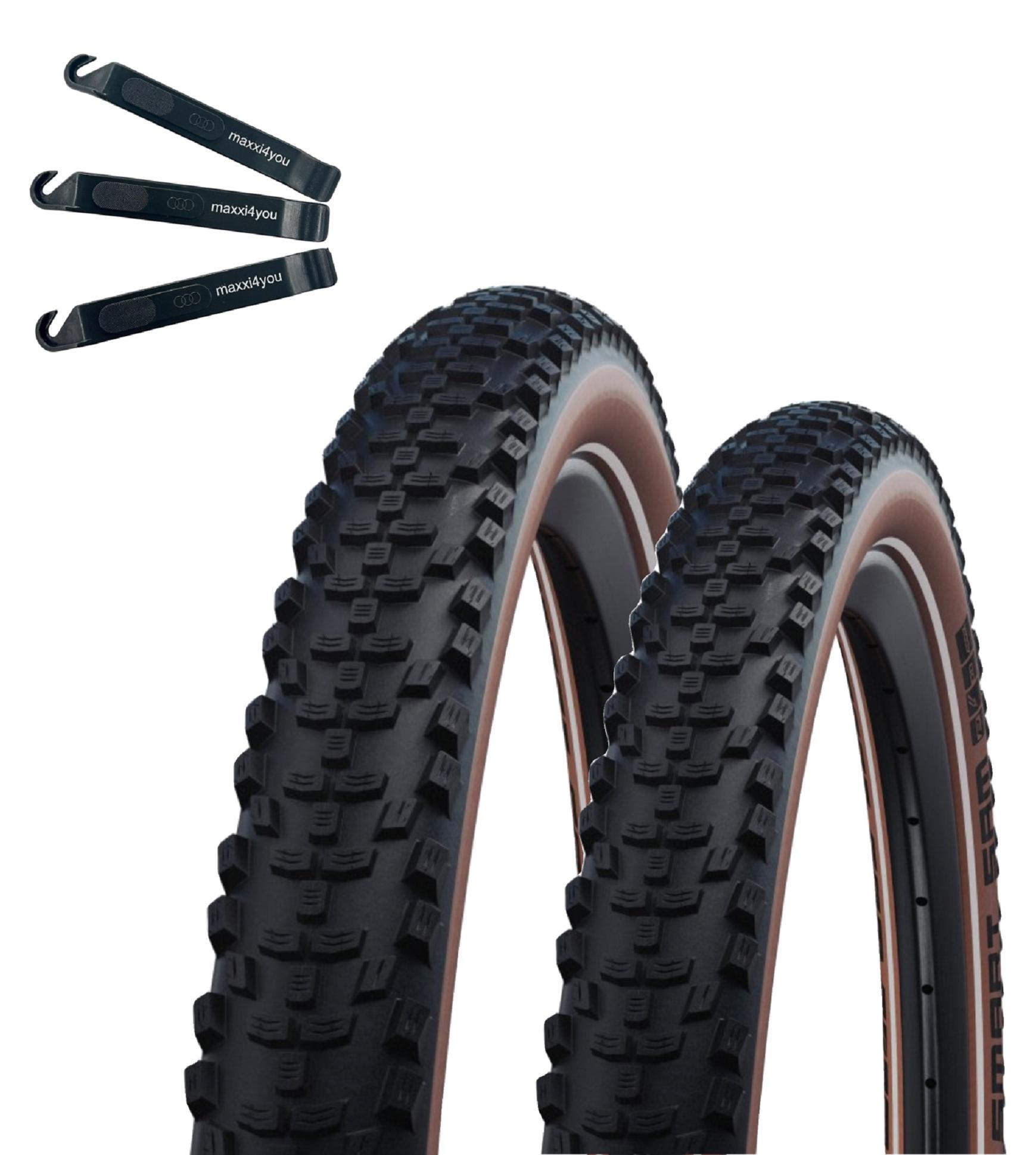 Bike Parts Europe GmbH 2 x Fahrradreifen Schwalbe Smart Sam Performance ADDIX E-25 Braun-Reflex 57-622 (29 x 2.25) inkl. maxxi4you Reifenheber