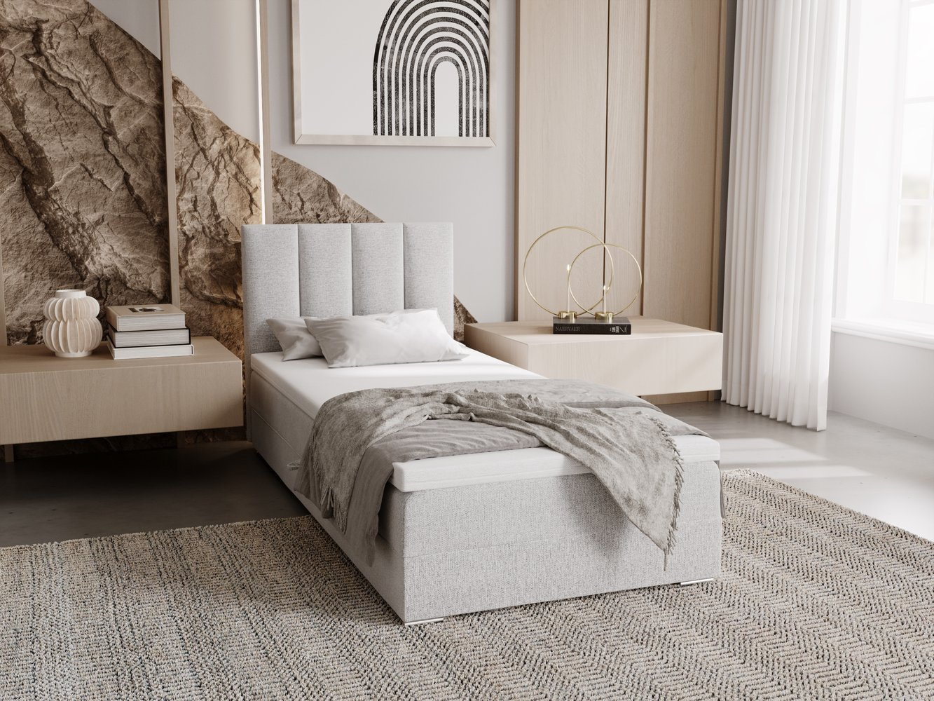 Čalúnená posteľ 90x200 ELSIE 4 s úložným priestorom - svetlo šedá, pravé prevedenie