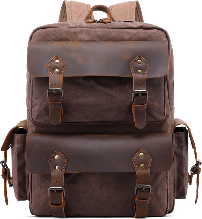 OKWISH Herren Rucksack Canvas mit Leder- Vintage Rucksack Laptoprucksack für Laptop Unitasche Studententasche Schultasche Reisetasche 32x42x14cm