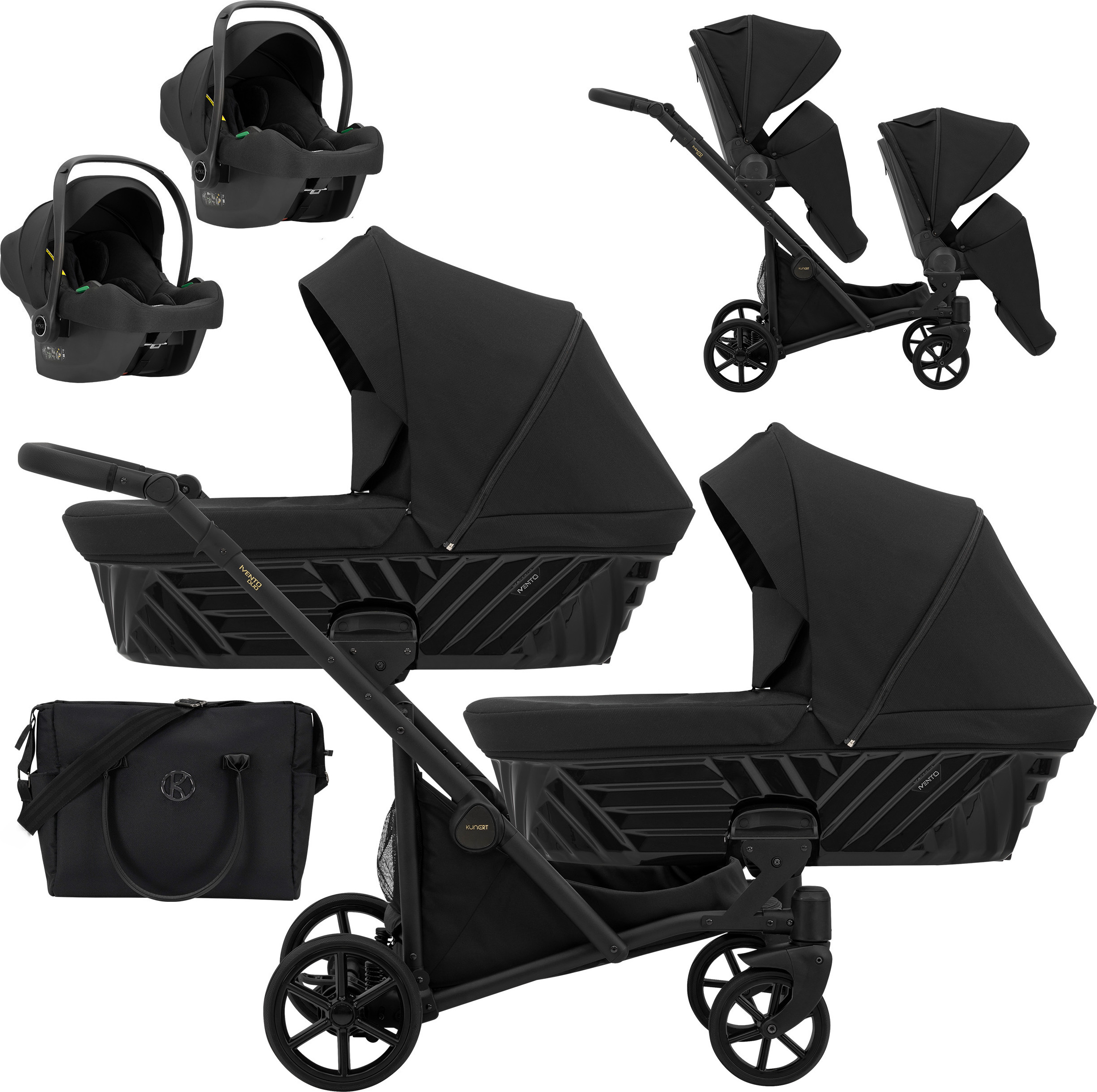Kinderwagen IVENTO DUO 3 in 1 Komplettset Zwillingskinderwagen Geschwisterwagen Zwillingsbuggy Doppelkinderwagen (Deep Black, Rahmenfarbe: schwarz)