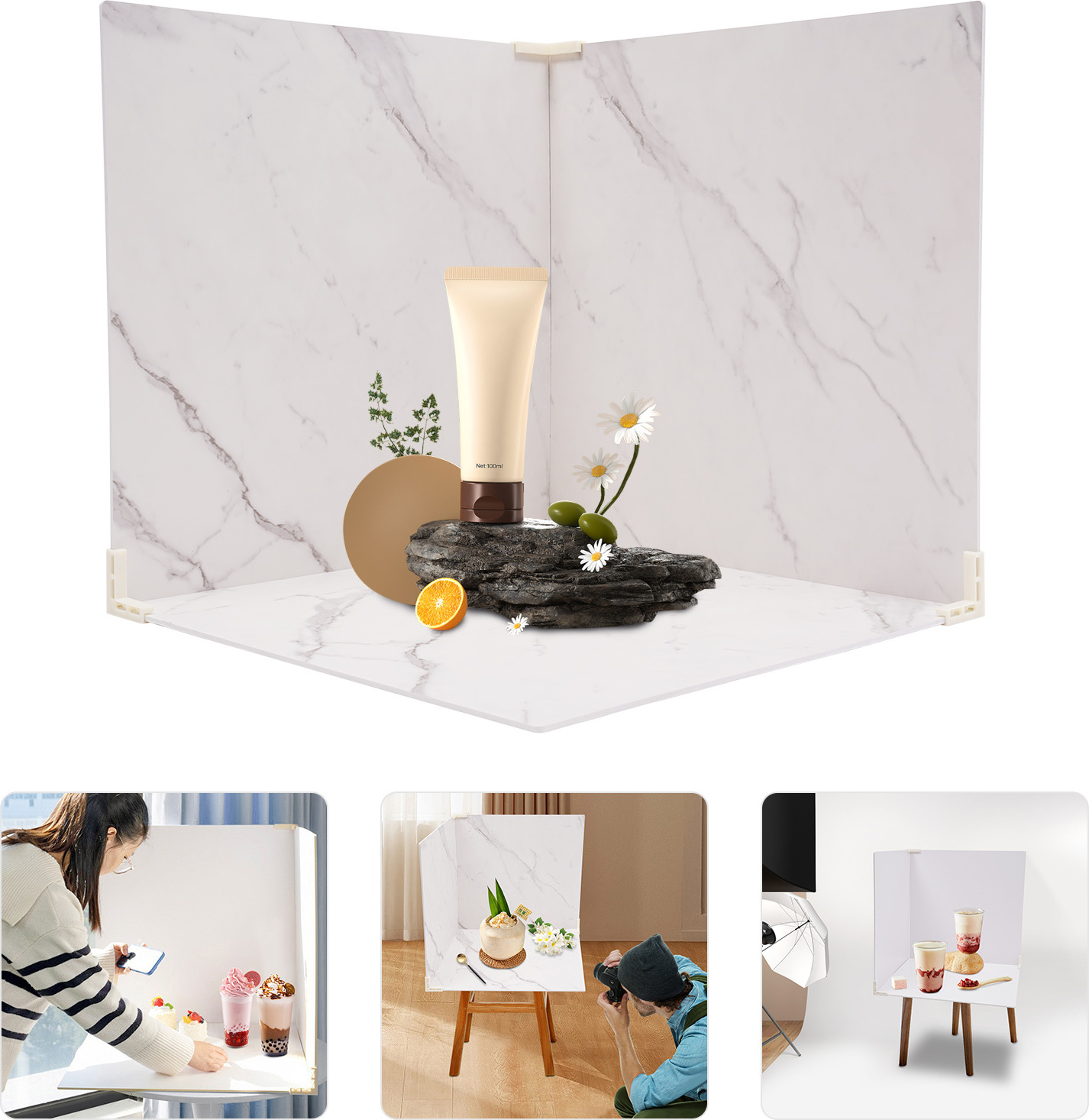 GreatDEshop2021 Fotokulissen, 3PCS Fotokulissen Bretter, Marmor und weißer Hintergrund, Fotografie-Hintergrund DZNZLY-000100-WL