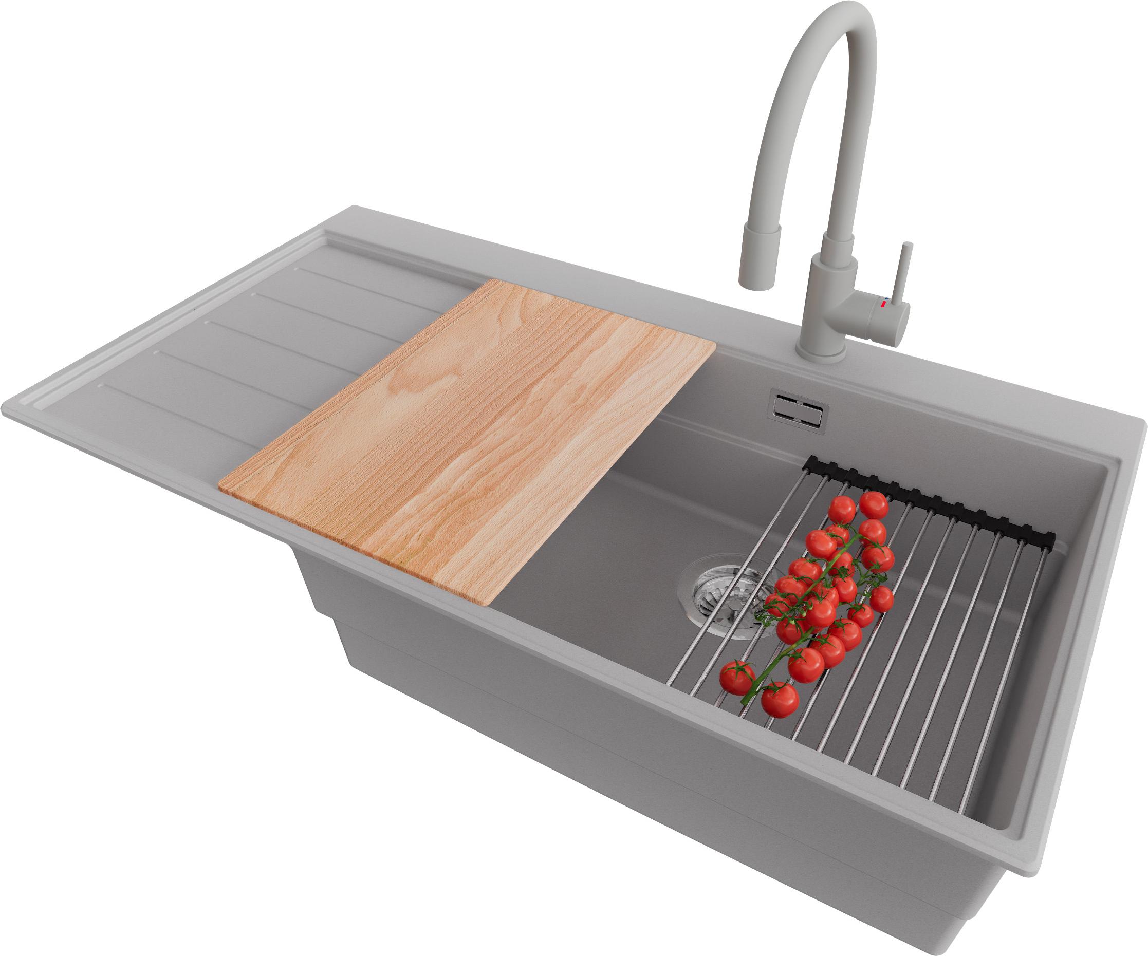 PRIMAGRAN Granitspüle Grau 90x50cm, Spülbecken 1 Becken + Küchenarmatur 38x14cm + Ablauf-Set + Küchenzubehörset, Küchenspüle ab 60er Unterschrank - Sydney