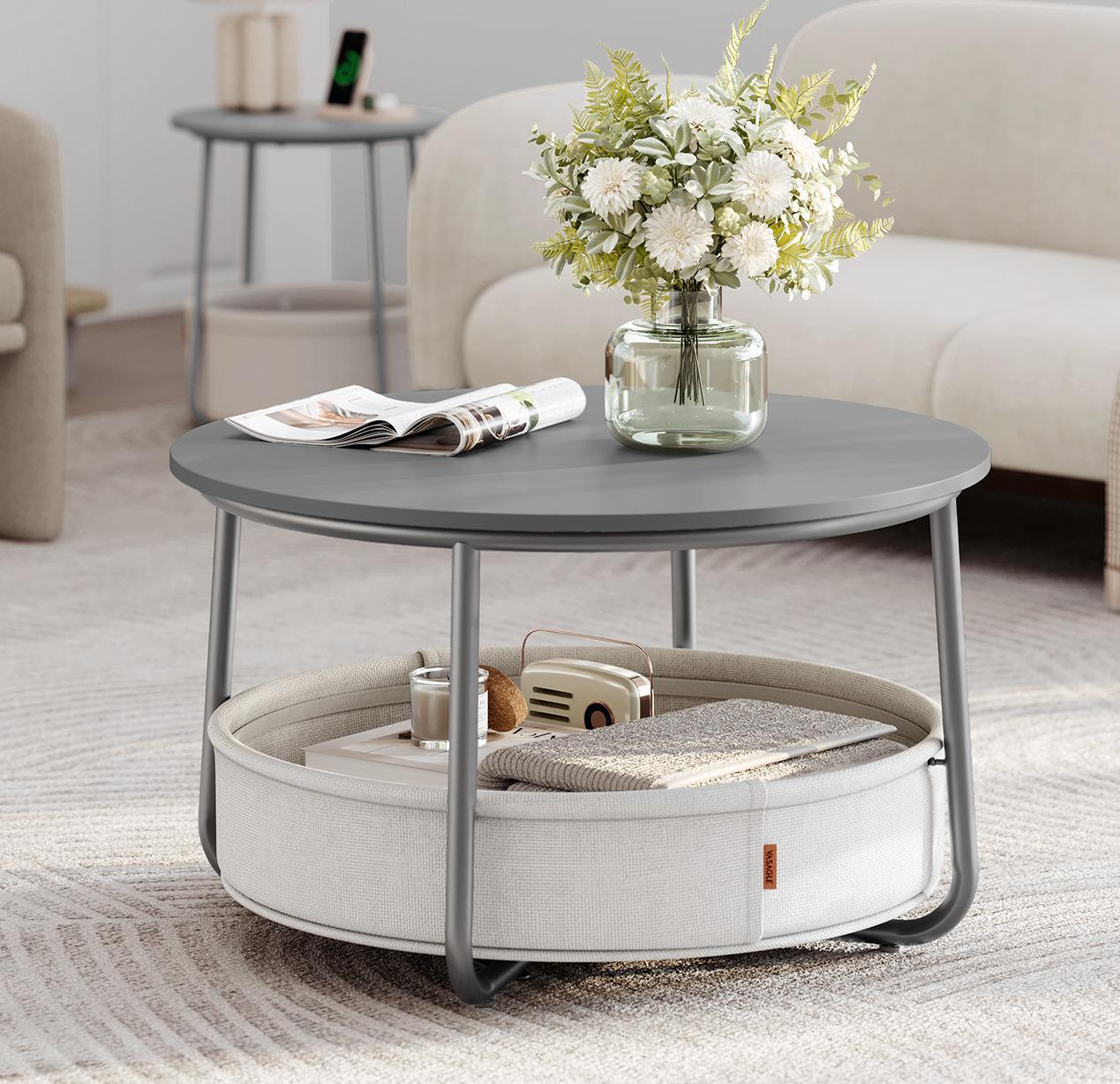 VASAGLE Couchtisch rund, Beistelltisch mit Stauraum, Wohnzimmertisch mit Korb aus Stoff LCTDE244G01