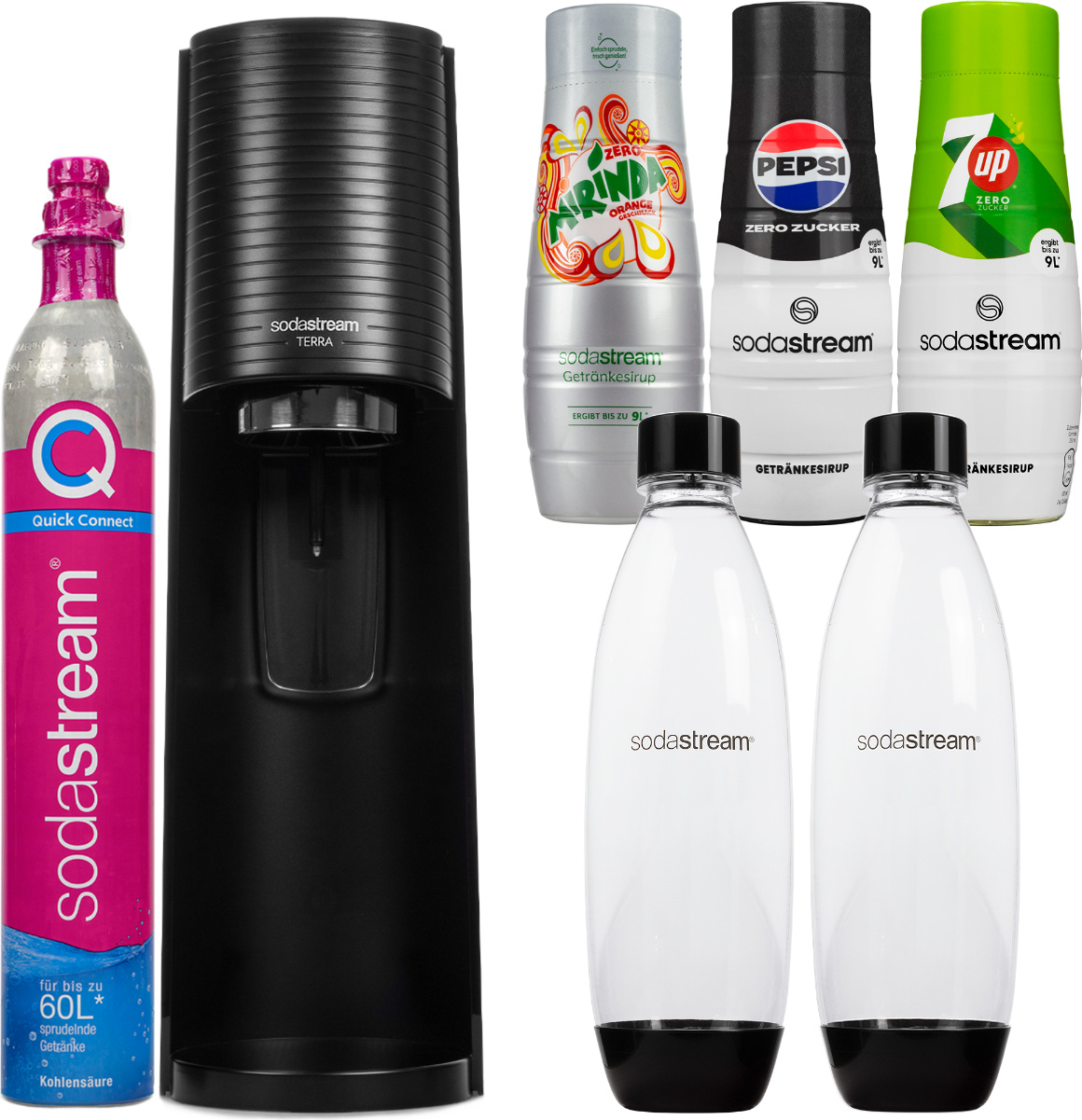 SodaStream Terra Black sýtiaca voda + 2 fľaše, čierne, 1 l + sirup (Pepsi Max, Mirinda Light, 7UP Free)