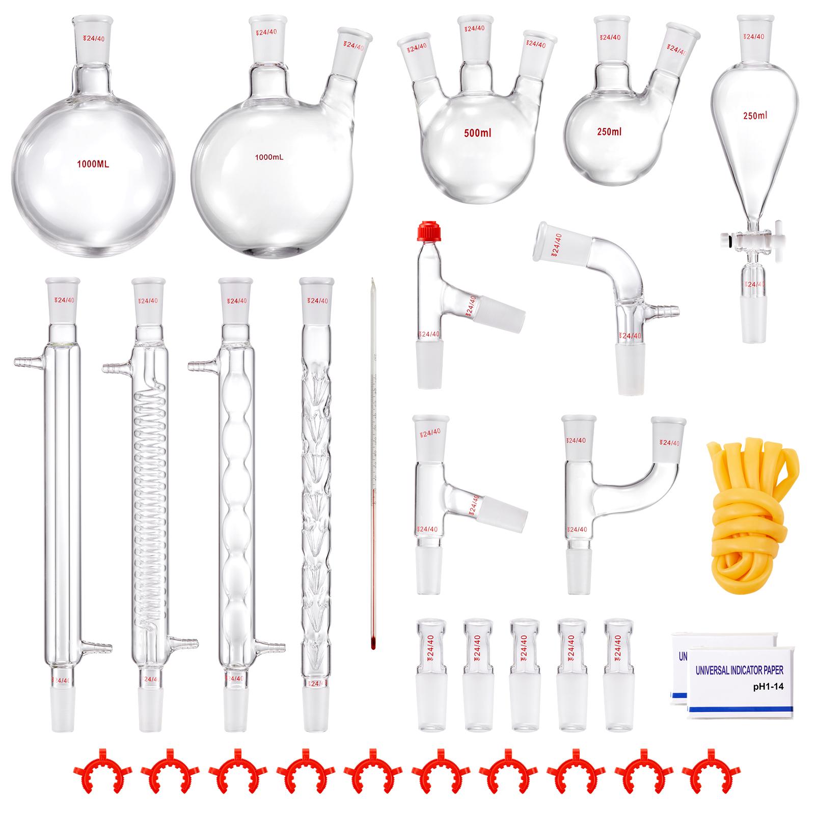 SucceBuy Labor-Destillationsset, 3,3-Boro-Laborglas-Destillationsset mit 24- und 40-Verbindungen, 1000-ml-Destillationsgeräte-Set für Ätherische Öle, 32-teiliges Glaswaren-Set