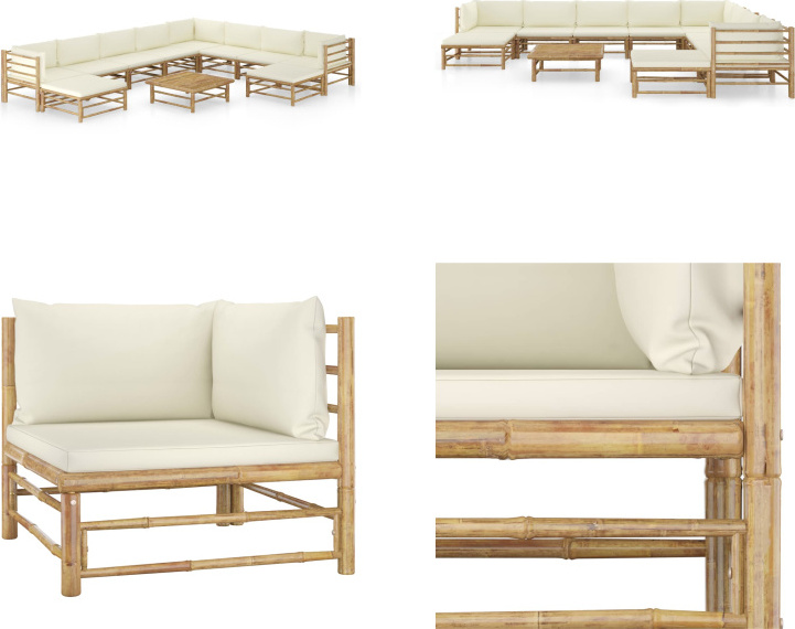 vidaXL 11-dielna záhradná súprava s krémovo bielymi vankúšmi bambus - Záhradná súprava - Záhradné súpravy - Záhradný nábytok - Súprava záhradného nábytku