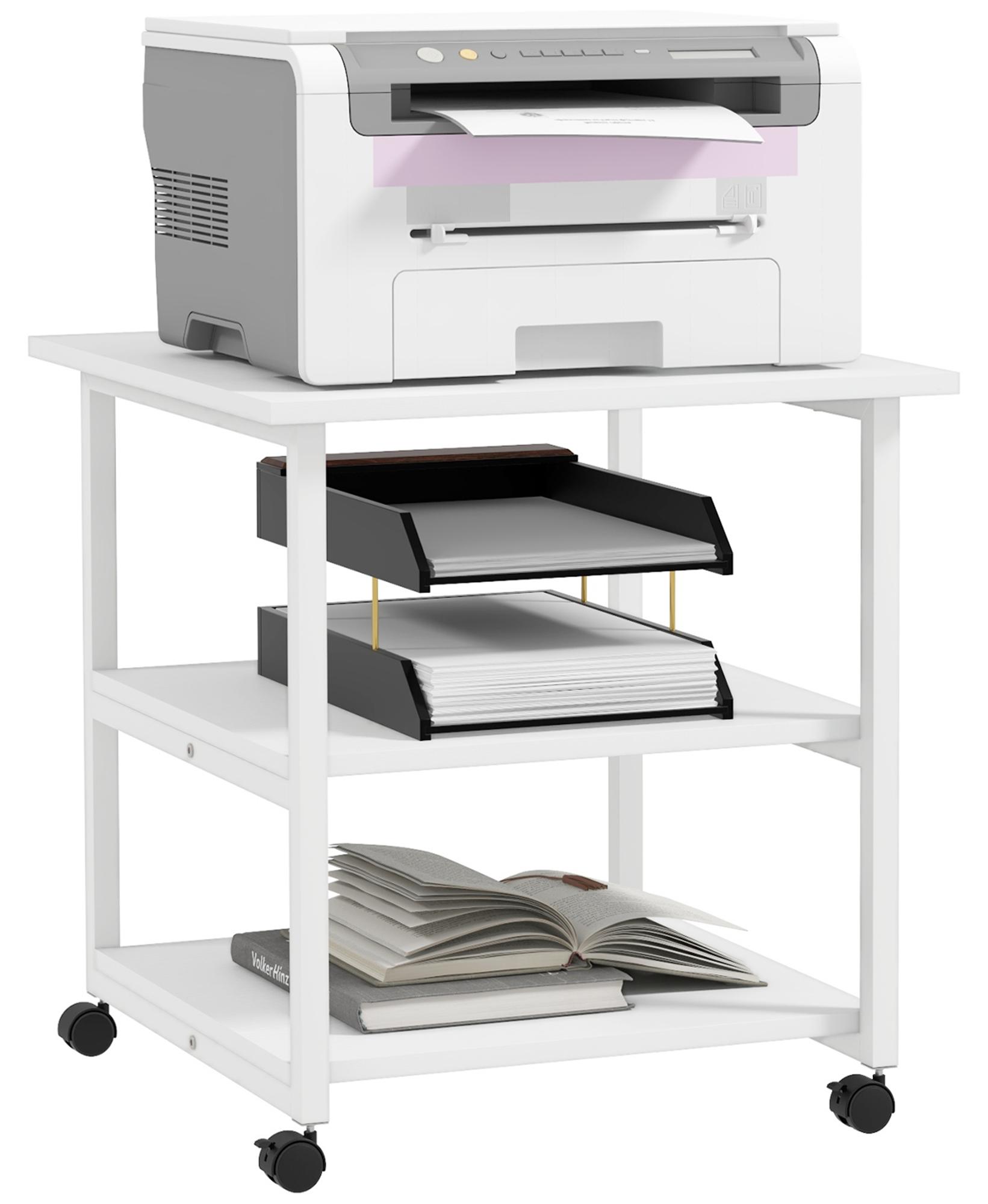 SUGIFT Druckertisch mit Rolle, Druckerständer mit 3-Ebene, Druckerhalter Stahl,5 cm, Spanplatte, Stahl, Weiß, für Büro und Homeoffice