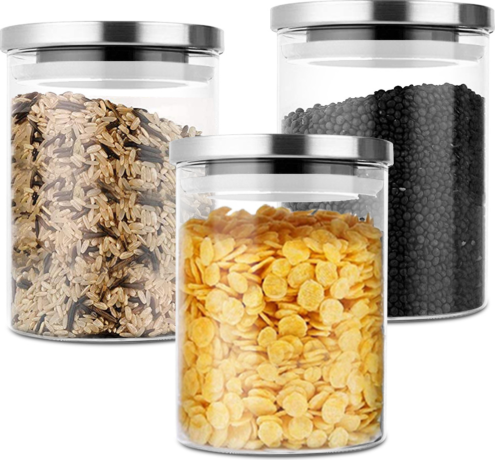 7MAGIC Vorratsgläser Vorratsglas 3er Set 800ml Ø9,5cm Glas Lebensmittelglas Edelstahldeckel, Edelstahldeckel Glasdosen Dosen Aufbewahrungsbehälter 1058