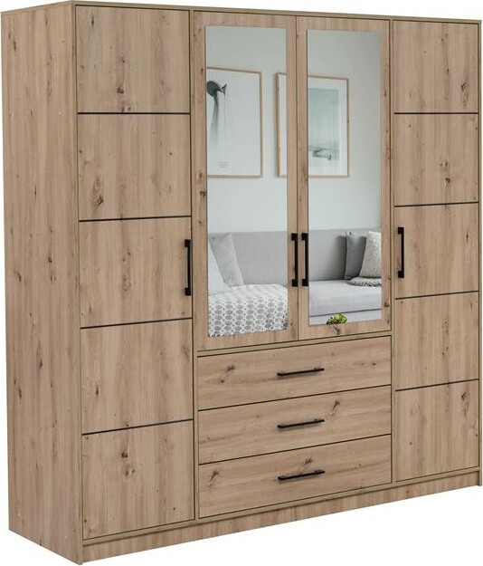 BETTSO Kleiderschrank mit Spiegel und Schubladen 4 türiger Kleiderschrank Mehrzweckschrank Praktischer COSTARICA 4D Eiche Artisan