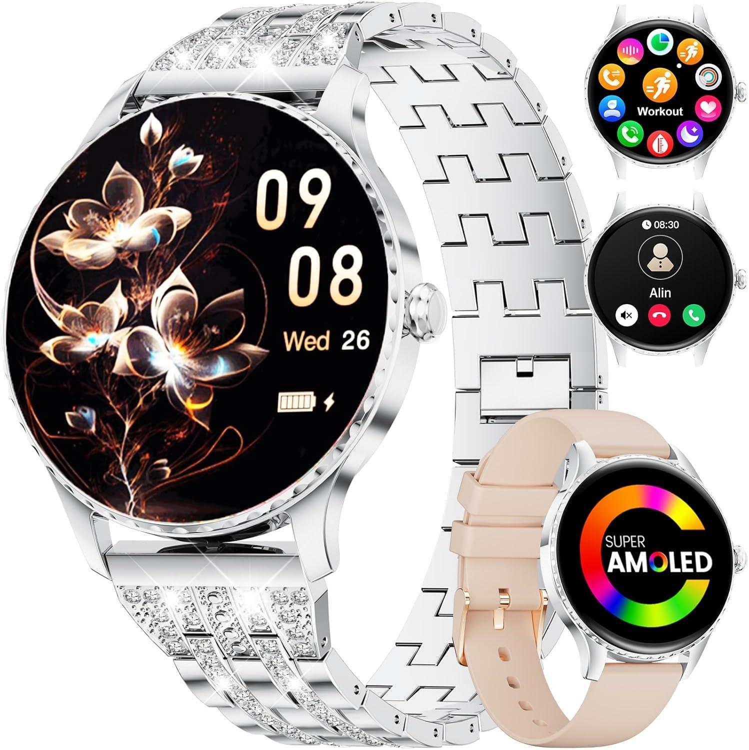 Fitvigor Smartwatch Damen mit Strass/1.32" HD AMOLED Display/270+Zifferblätter,Fitnessuhr mit 110+ Sportmodi,Schlaftracking,Telefonfunktion,Uhr für iOS Android