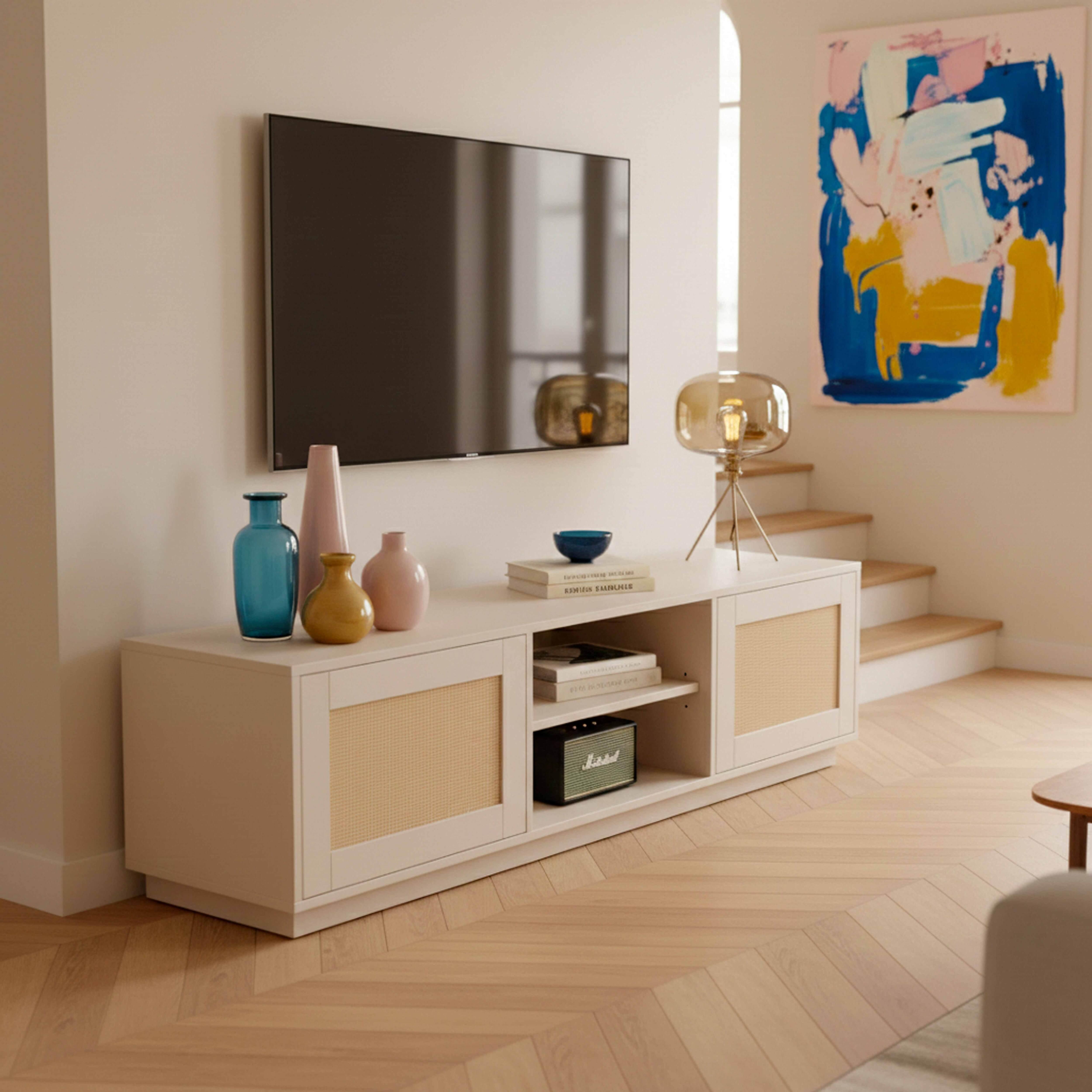 TV-Schrank aus Holz mit 2 Rattantüren 160 cm breit cremefarben - Oviala Walter 114533