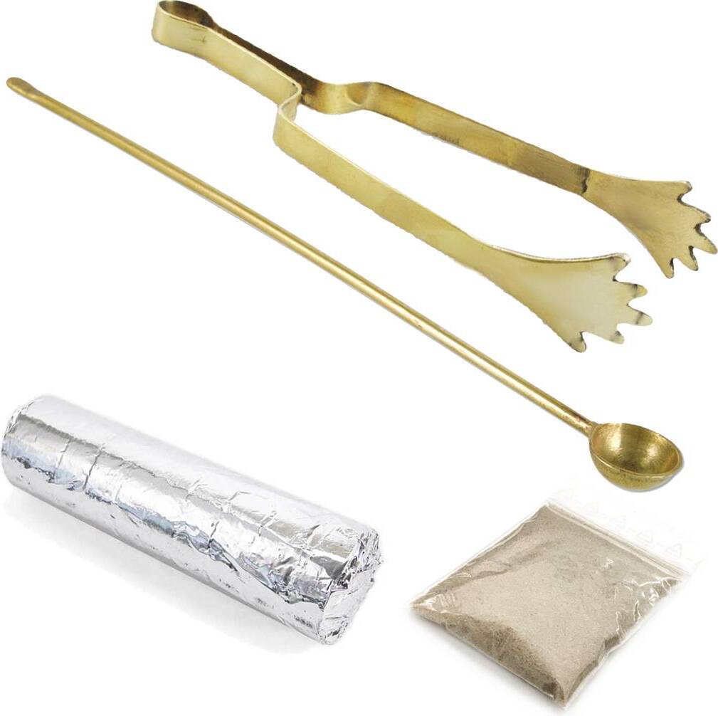 NKlaus 4tlg Set 14cm Räucherzange in Gold Weihrauchlöffel Räucherkohle 40g Räuchersand