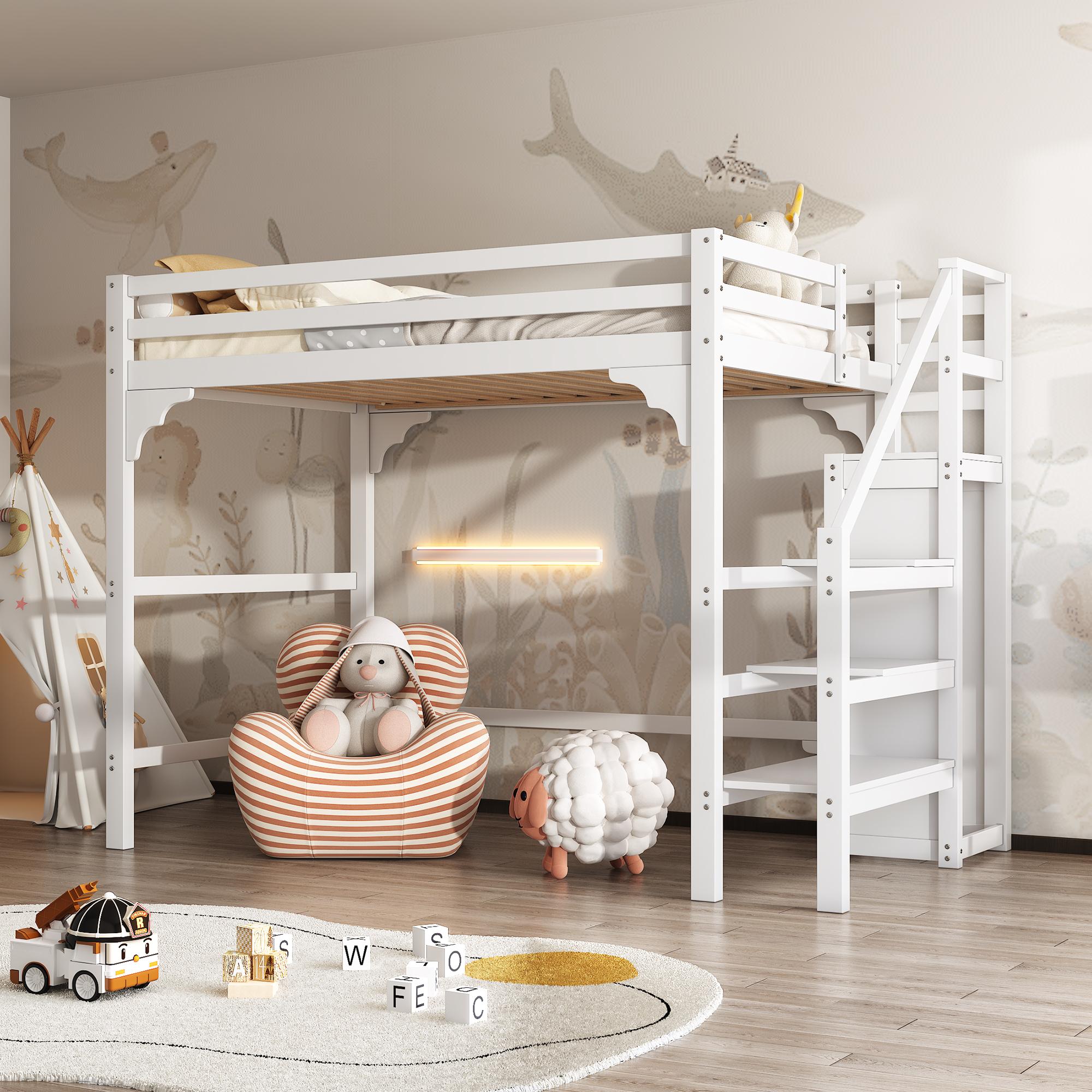 Merax Etagenbett Hochbett 140x200cm, mit Offenem Kleiderschrank, Stauraumtreppe, Kiefer Massivholz, Kinderbett, Stockbett, Jugendbett, Weiß