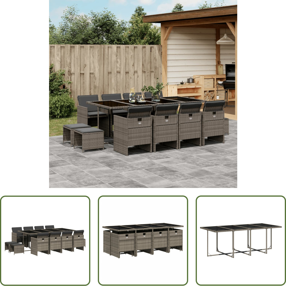 The Living Store 13-dielny záhradný jedálenský set s vankúšmi sivý polyratan
