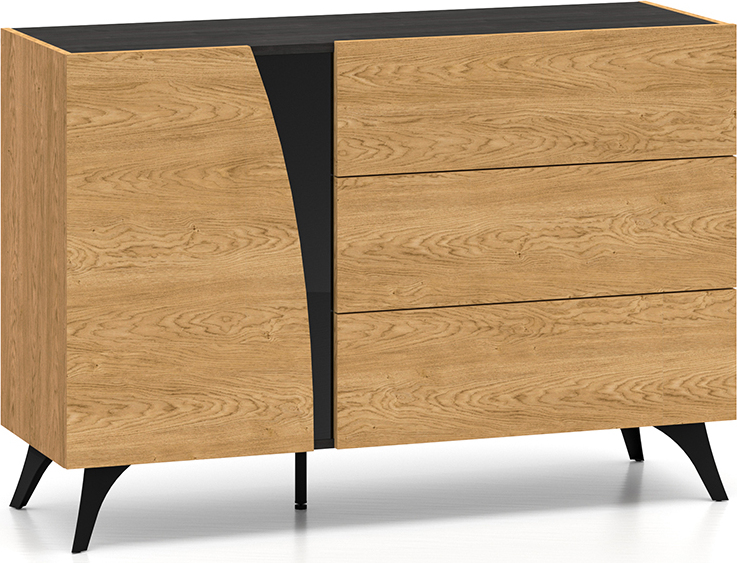 Buffet Soah mit 3 Schubladen und 1 Tür, Holzoptik und Schwarz, 120cm