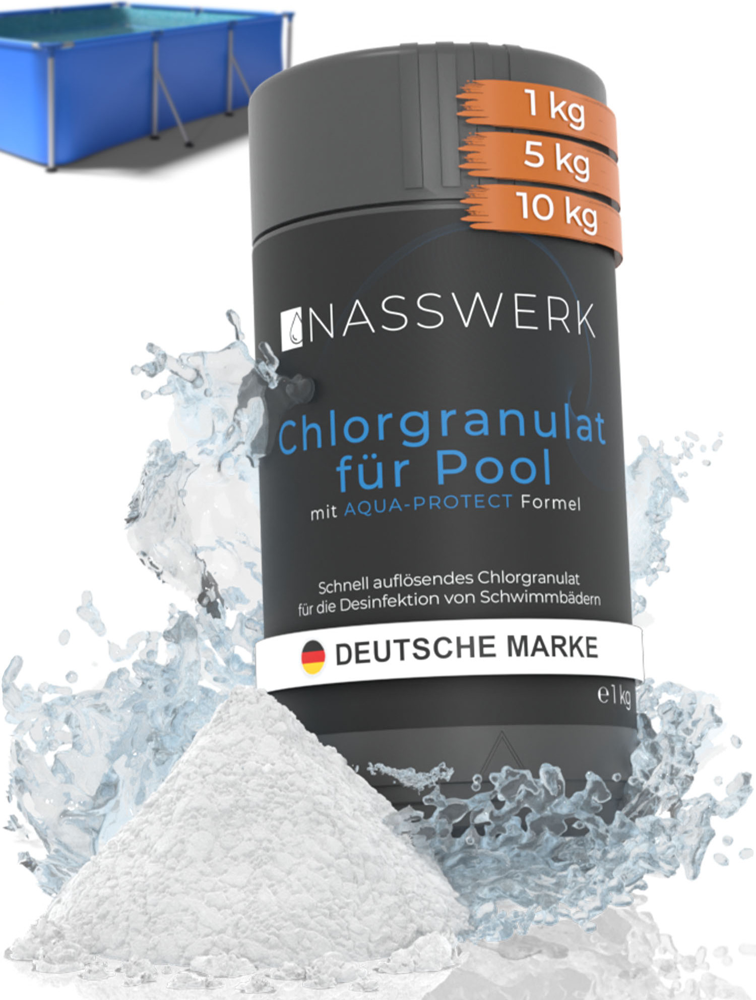 NASSWERK Chlorgranulat für Pool 1kg – Schnellchlorung & Dauerchlorung, EU CLG01-FBM