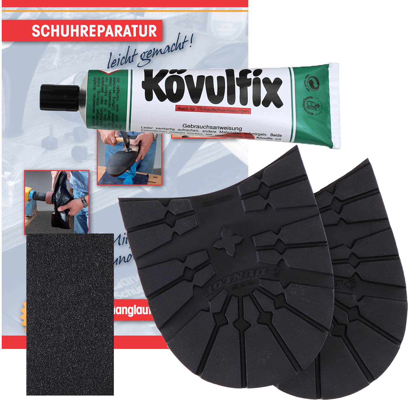 Langlauf Schuhbedarf Tank Absatz schwarz 45/46 / Kövulfix 60g / Schuhreparaur leicht gemacht / Schleifpapier - Wanderschuh Absatz für Trekkingschuhe Reparatur Set - Repair Sole Pad Größe 2: L90xB91mm)