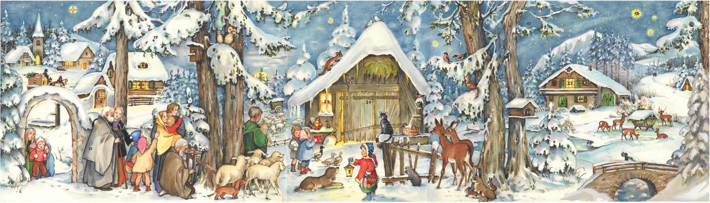 Panoramatický adventný kalendár Zima v lese s motívom maštale