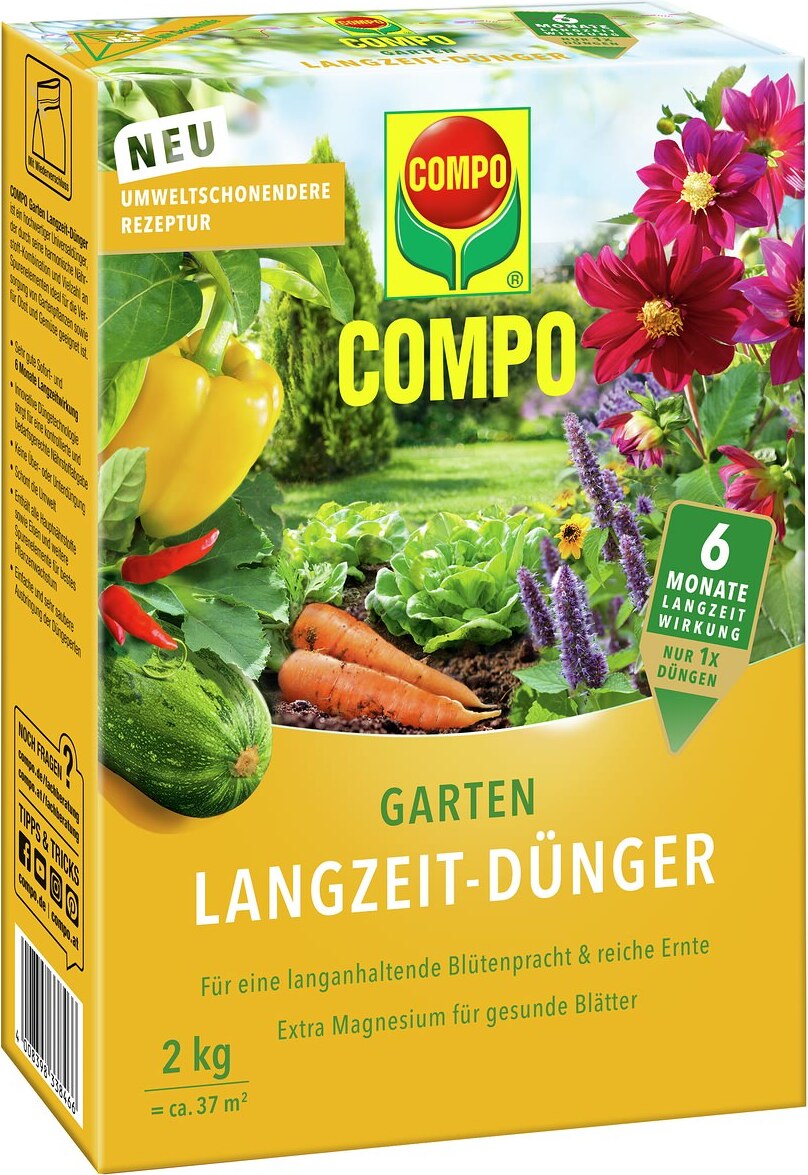 COMPO Garten Langzeit-Dünger für Gartenpflanzen, 6 Monate Langzeitwirkung, 2 kg, 37 m², 26050