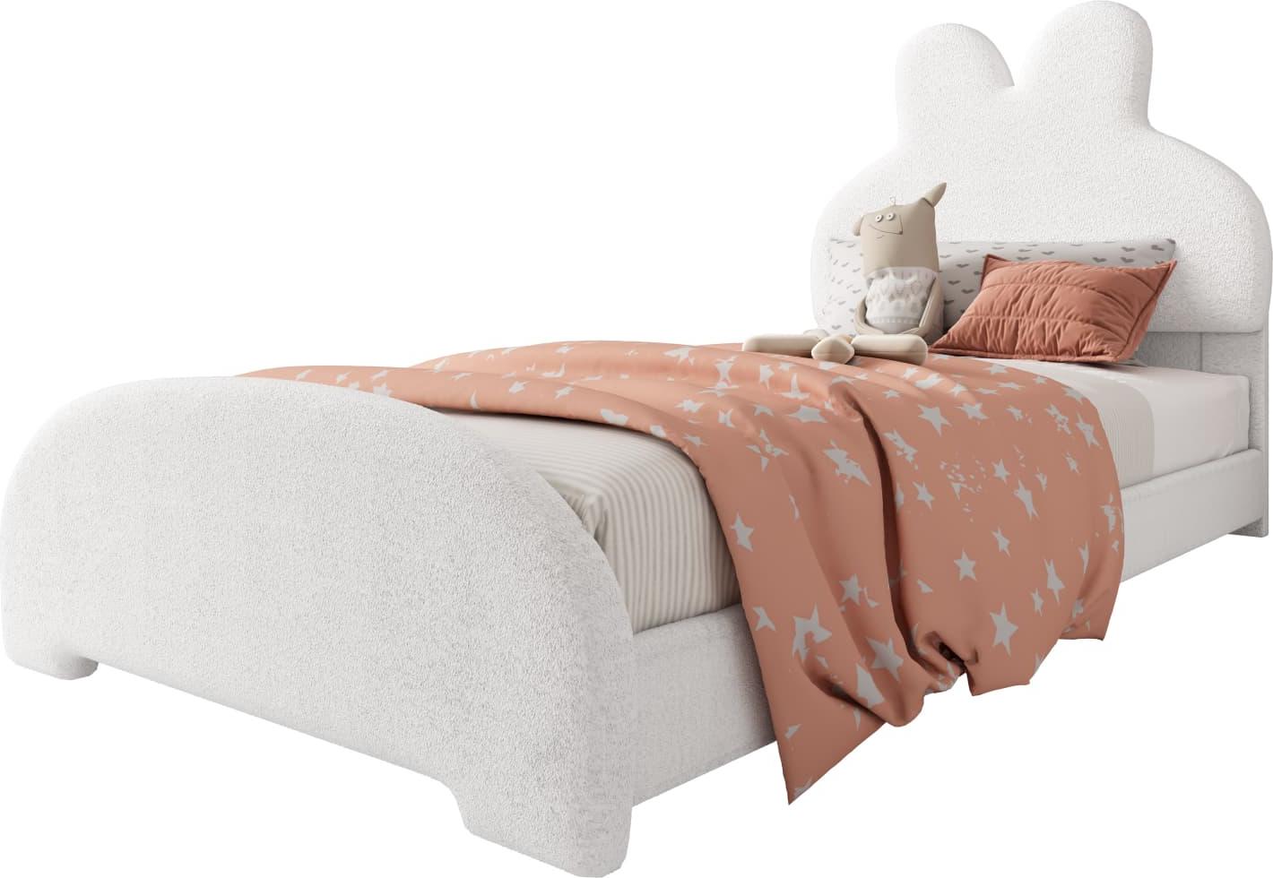 Einzelbett Polsterbett, Bettkopf in Hasenohrenform, einfach, stilvoll und bequem, Cartoon niedlich Stil, Vliesimitat, Weiß