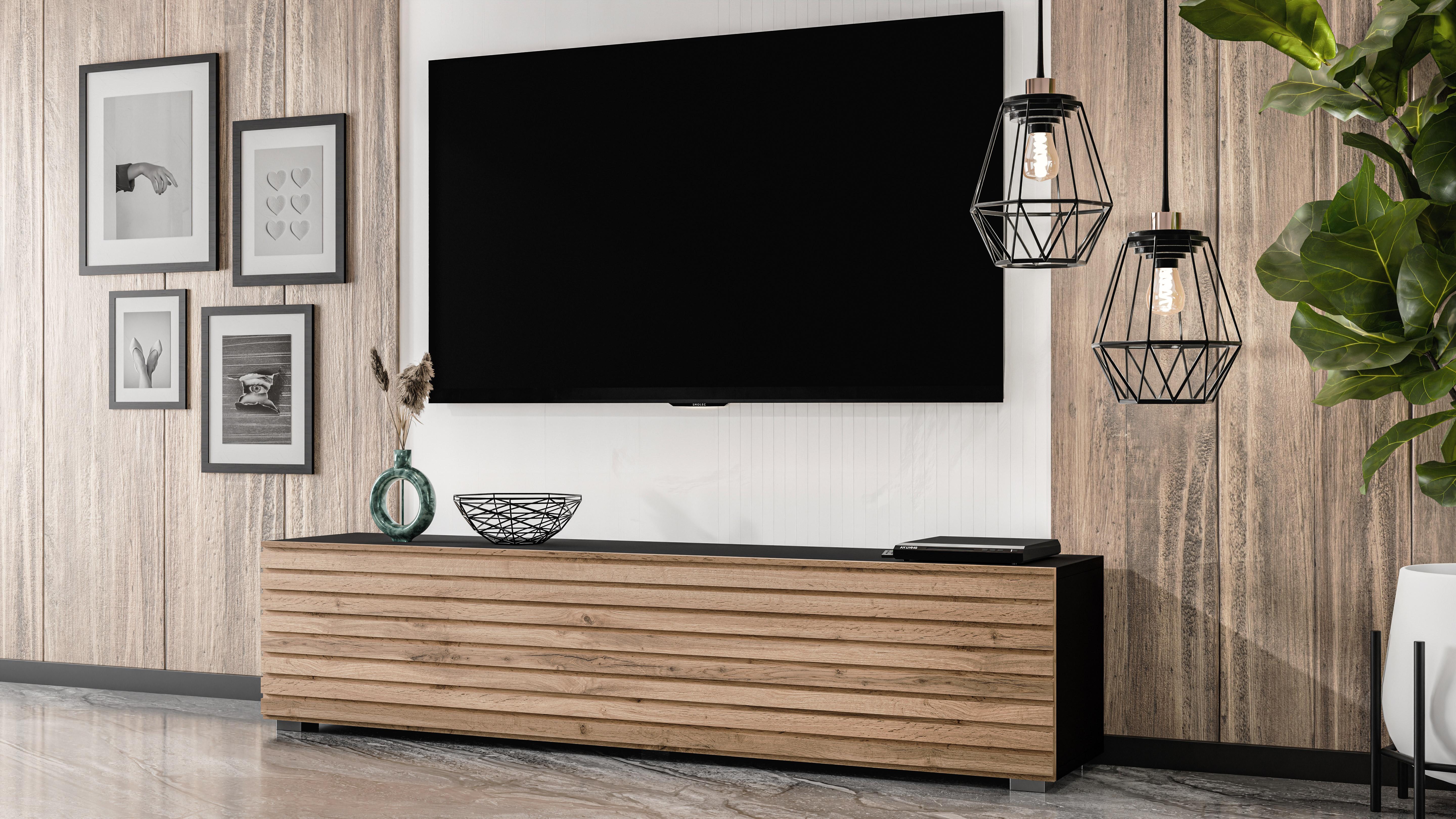 AX LIVING Zivolli TV-Board 160 cm Schwarz mit Wotan Lamellenfront N1001