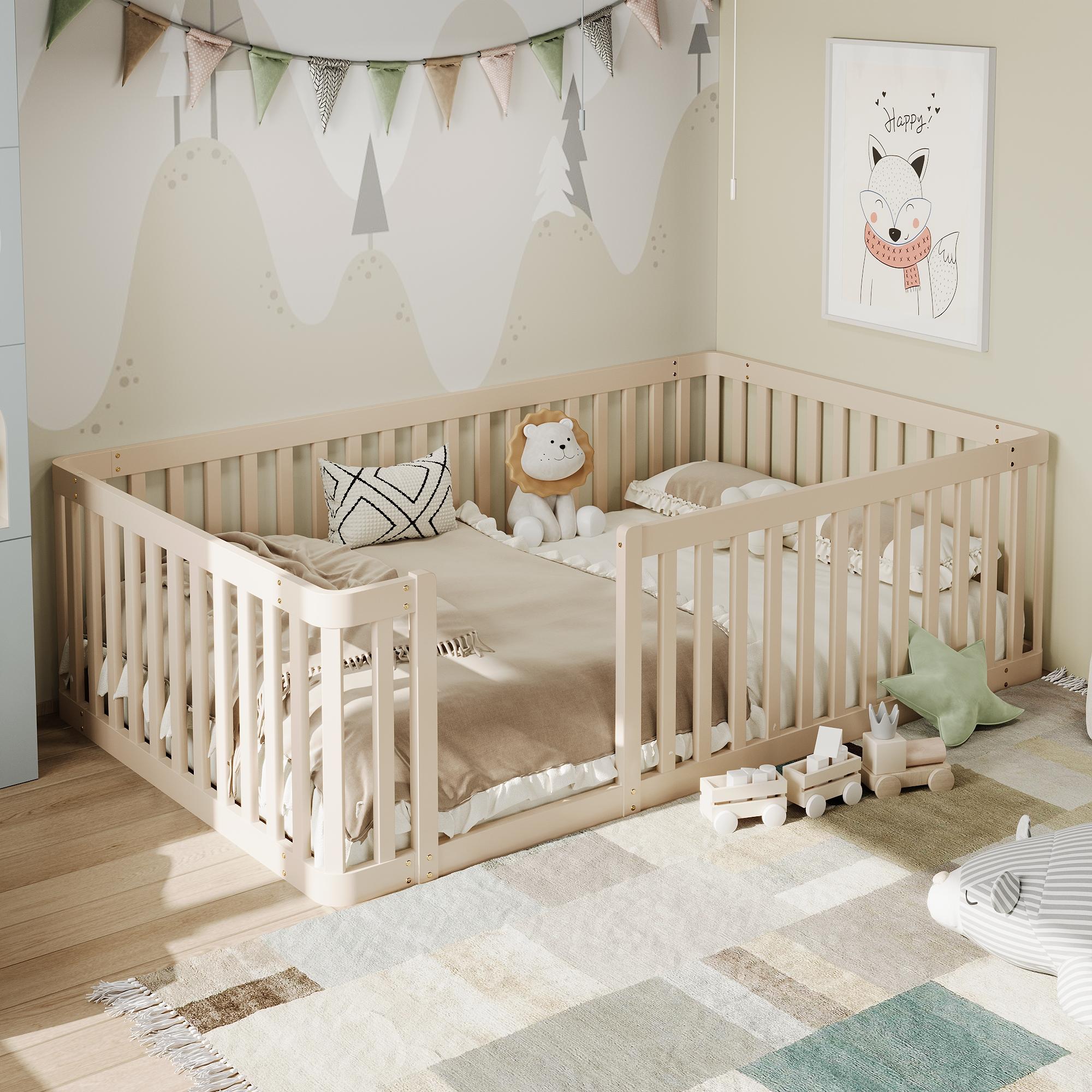 okwish Kinderbett 90x200 Einzelbett mit Zaunbett halbgeschlossen bodennahes bodennahes Holzbett Natur (ohne Matratze)