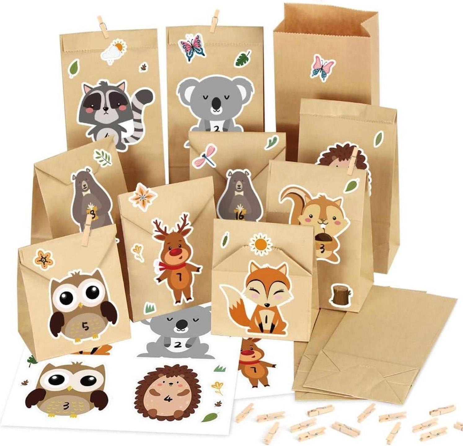 Adventný kalendár na vyplnenie pre deti 24 kraftových papierových vreciek Vianočný kalendár DIY lesné zvieratá