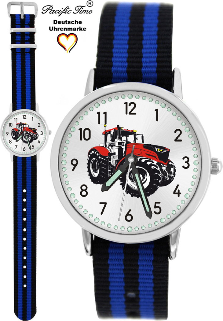 Pacific Time Kinder Armbanduhr Traktor Trecker rot Wechselarmband schwarz-blau 87671