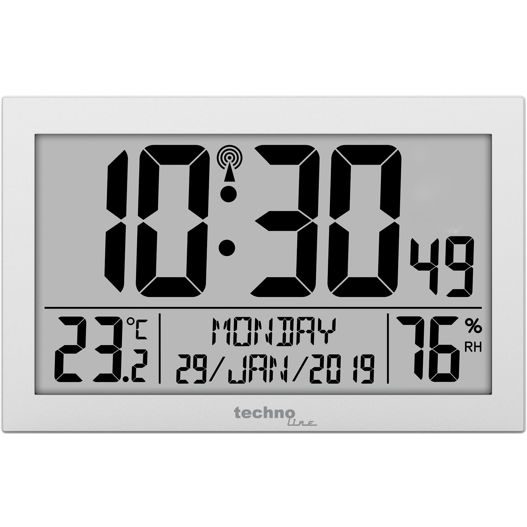 AMS 5886 Wanduhr Tischuhr Funk Funkwanduhr digital weiß Datum Thermometer Wecker 