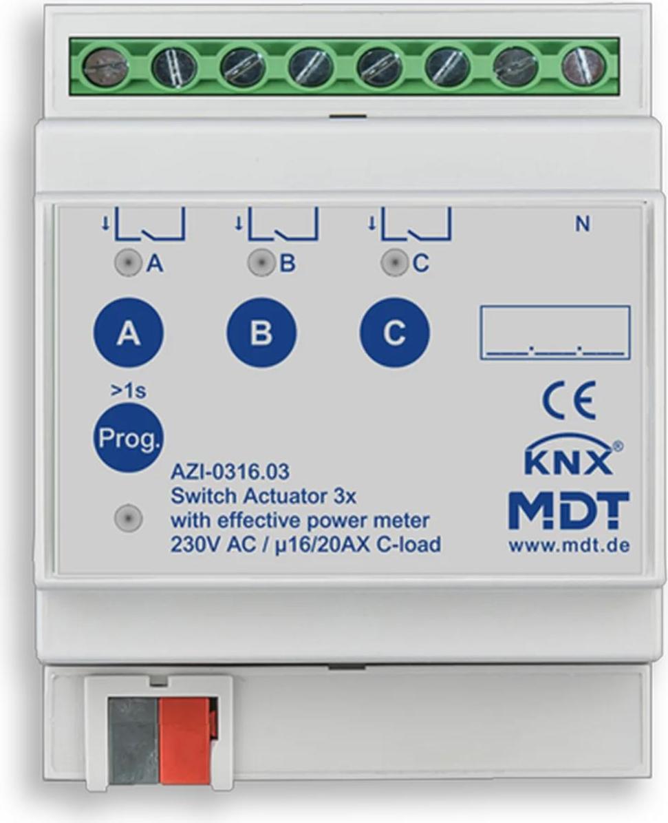 MDT Schaltaktor 3-fach, 4TE, REG, 16/20 A, 230V AC, mit Wirkleistungszähler, 1 Stk. AZI-0316.03