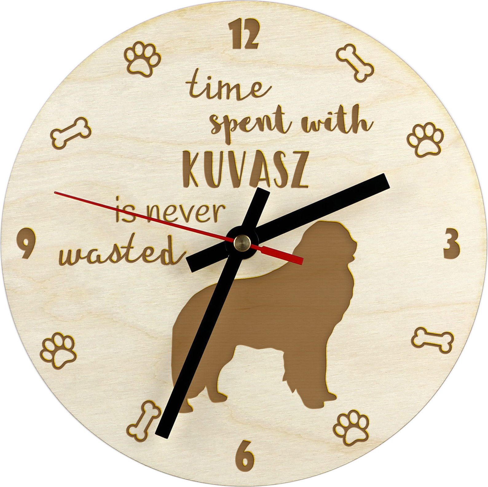 Kuvasz - hodiny so psom, drevené hodiny s gravírovaním, personalizované hodiny od Art-Dog