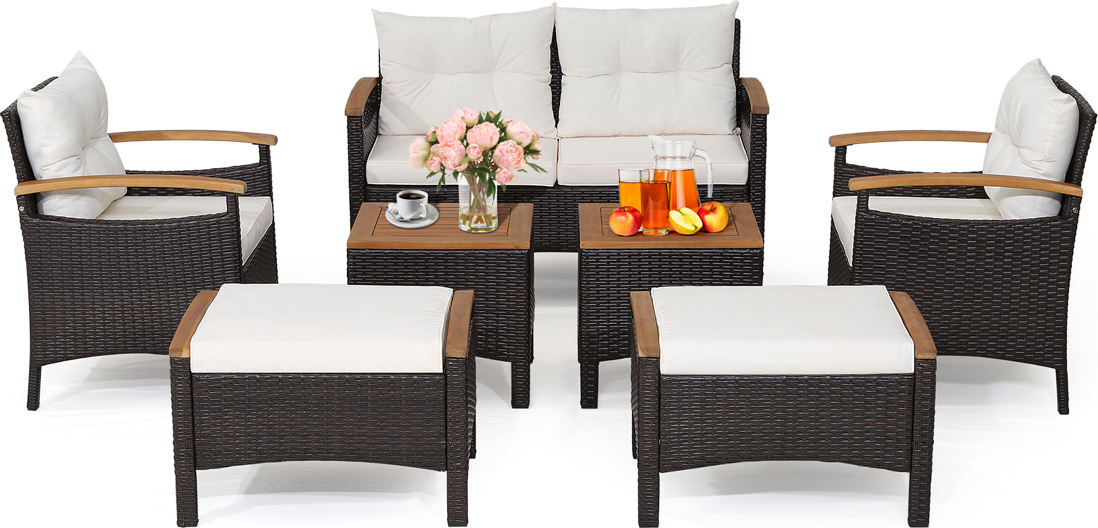 COSTWAY Polyratanová súprava záhradného nábytku, sedacia súprava vrátane 2 stoličiek s taburetkou, lavice, stola, vankúšov, stolovej dosky a podrúčok z akáciového dreva, záhradná súprava