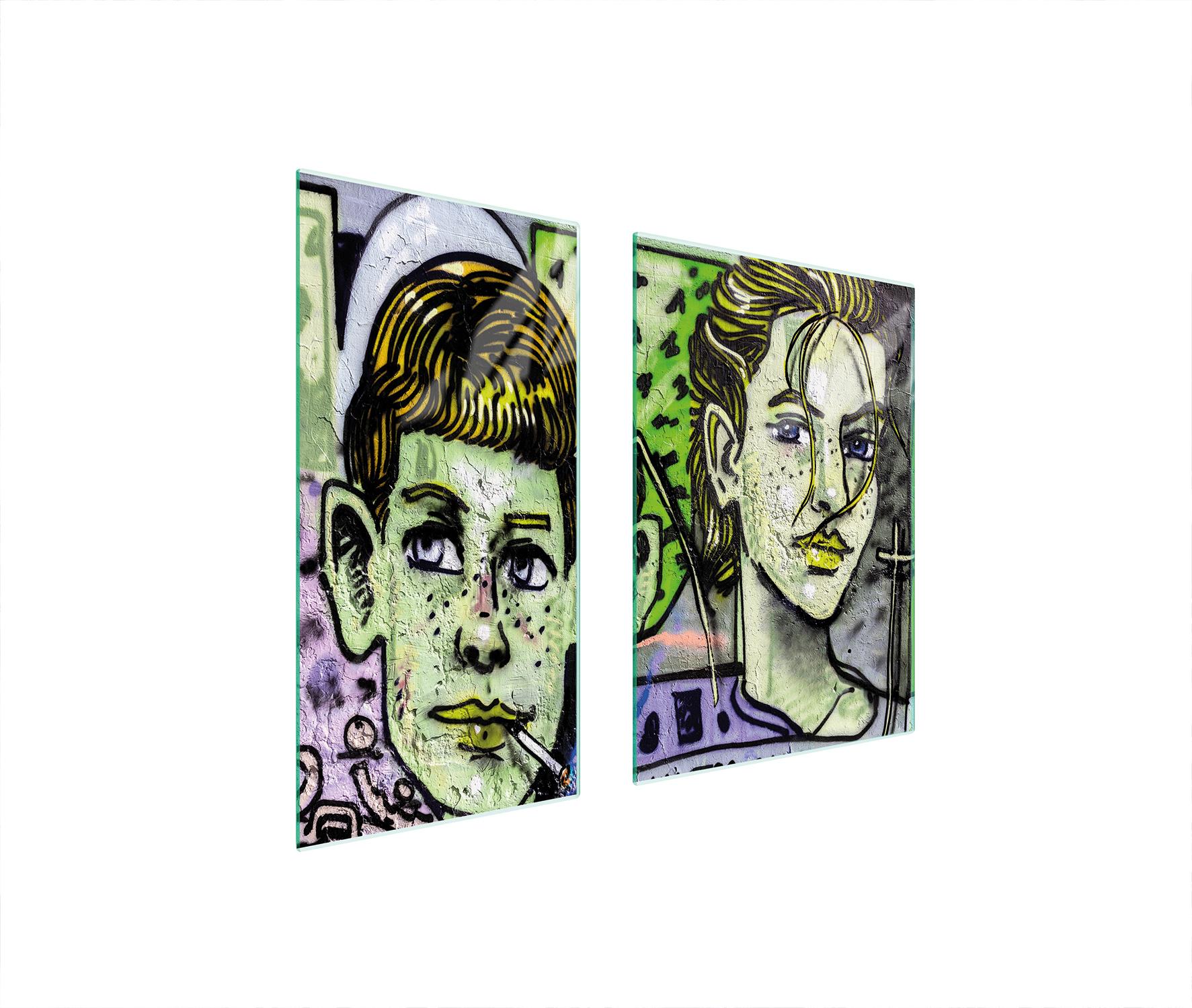 TMK ArtDeko Herdabdeckplatten 2 teilig 75x52 Ceranfeld Abdeckung Glas Schneidebrett Graffiti