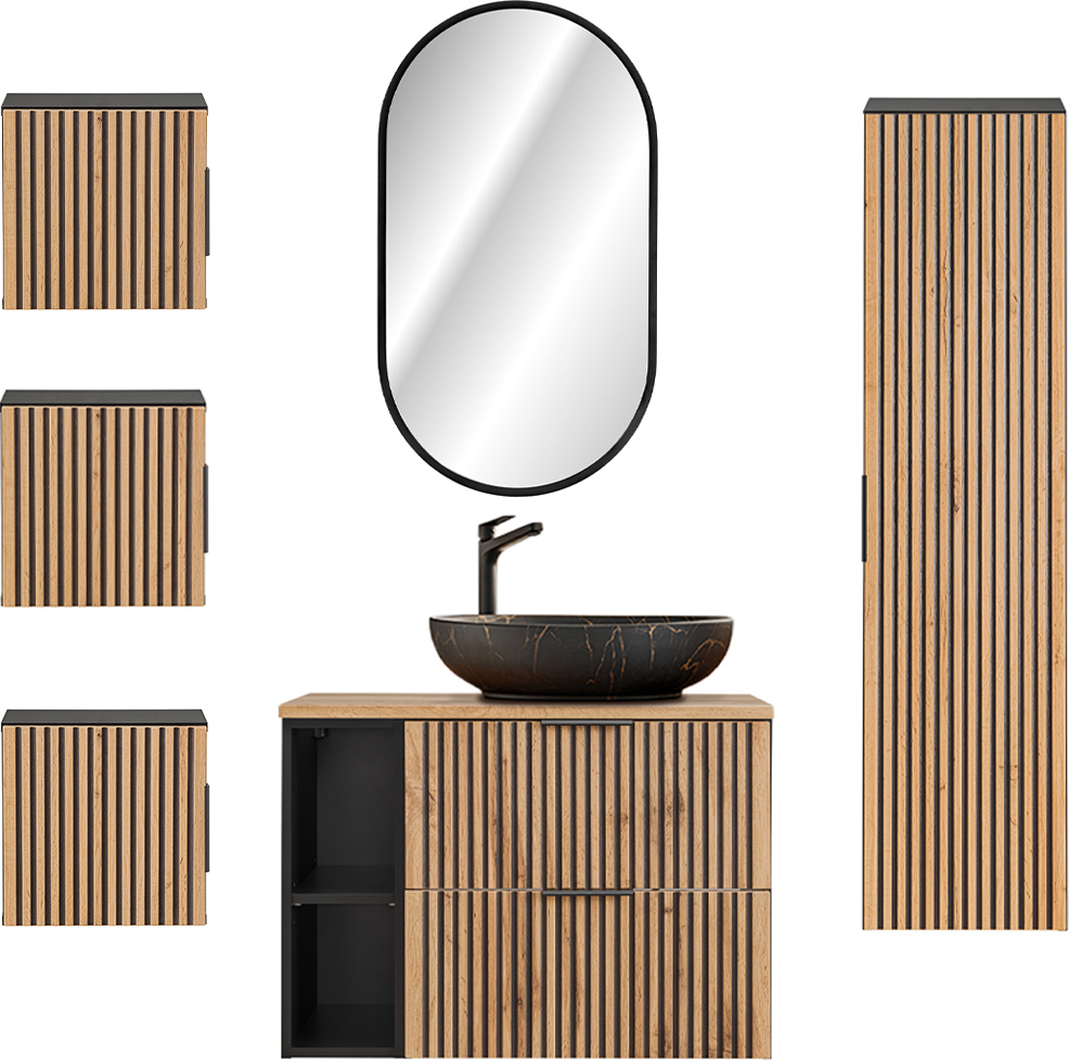 Petits-meubles Set aus Einzelwaschtisch 80cm 2 Nischen LED Spiegel Säule und 3 Hängeschränke Gaia Holz und Schwarz - Waschbecken Schwar