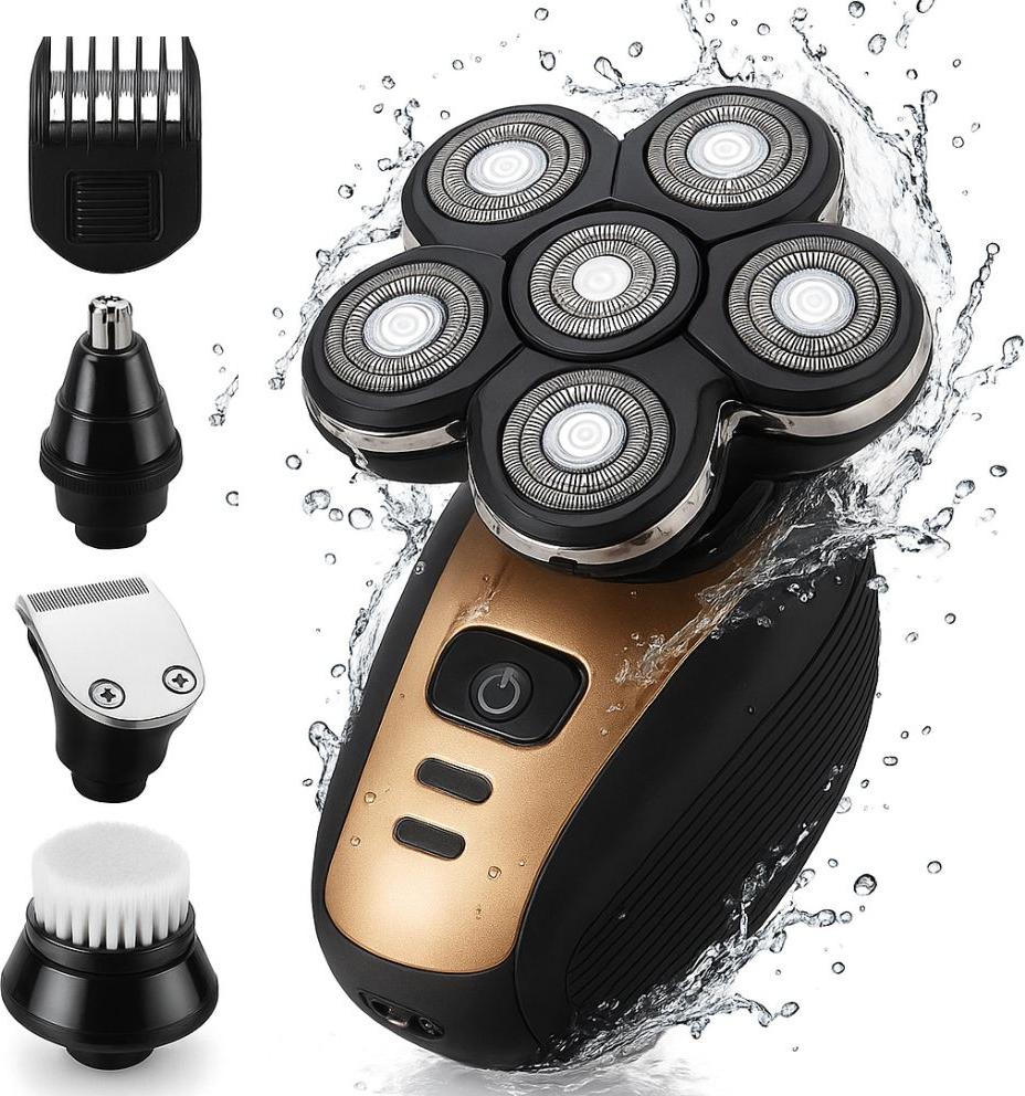 Linomag® multifunkčný elektrický holiaci strojček, profesionálny, 6D 4 v 1 s flexibilnými rotačnými hlavami, vodotesný, nabíjateľný cez USB, na vlasy, fúzy, nos a kontúry, čierny/bronzový