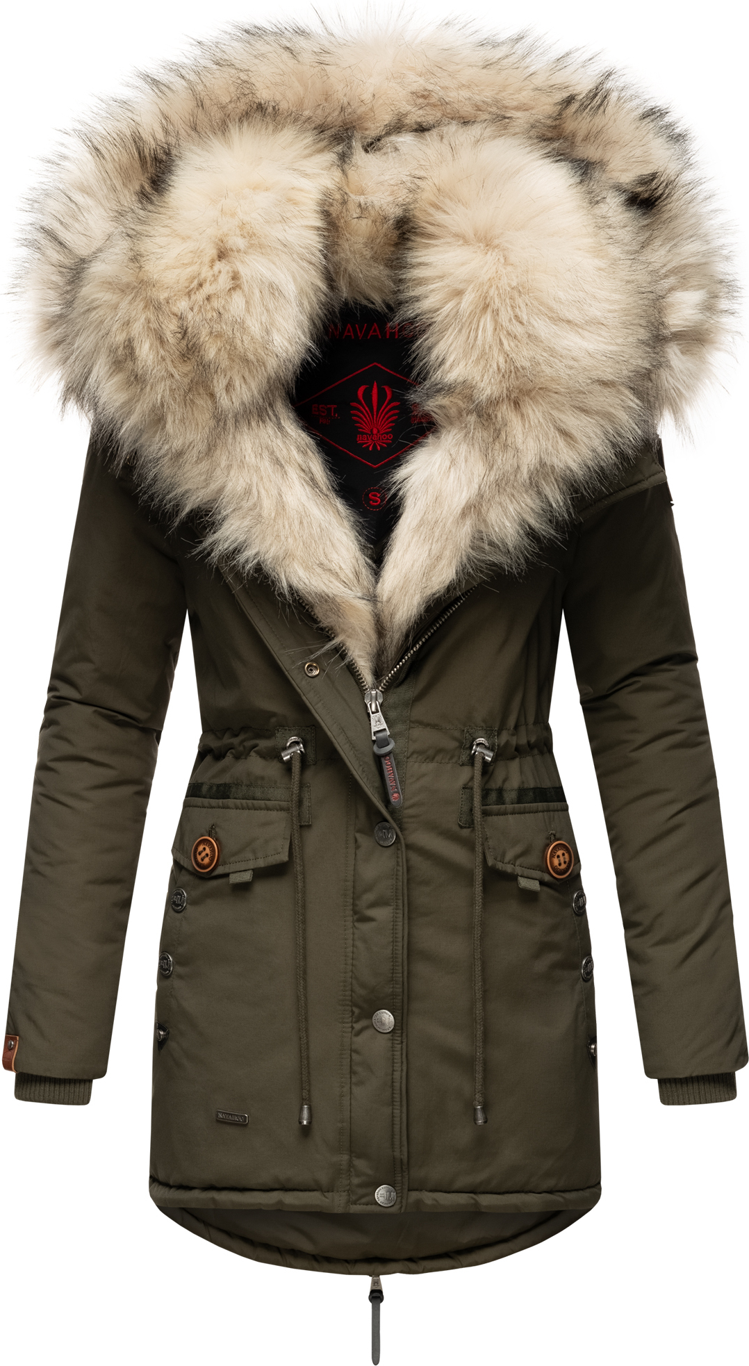 Navahoo Sweety Eleganter Damen Winter Parka mit Kapuze und doppelten Kunstpelzkragen Wintermantel Pelzfrei Vegan Olive Gr. 36 - S