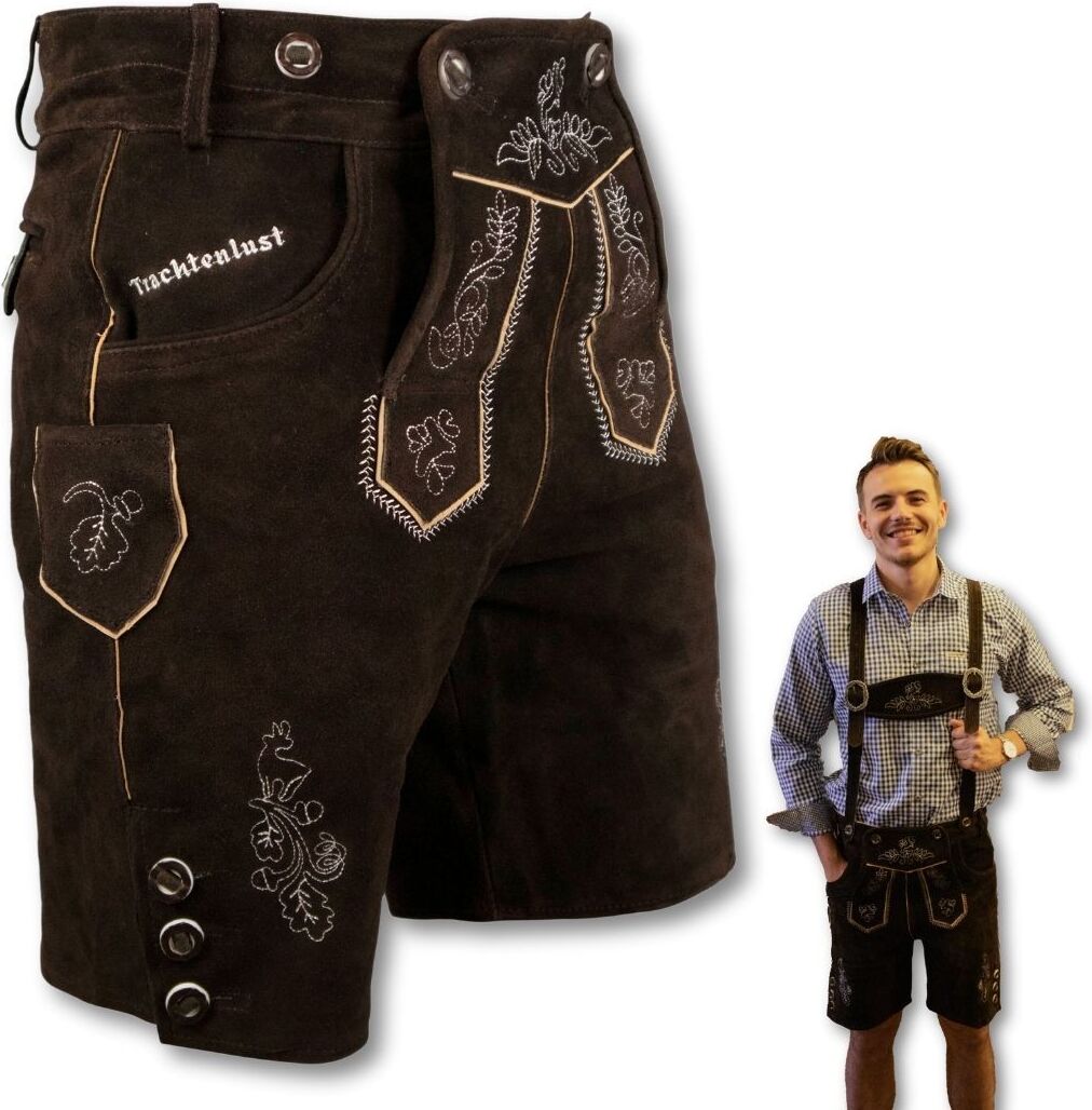 Schöneberger Trachten Couture Pantalon en cuir pour homme avec bretelles – Pantalon traditionnel original marron en cuir court pour Oktoberfest Hans, marron, 60