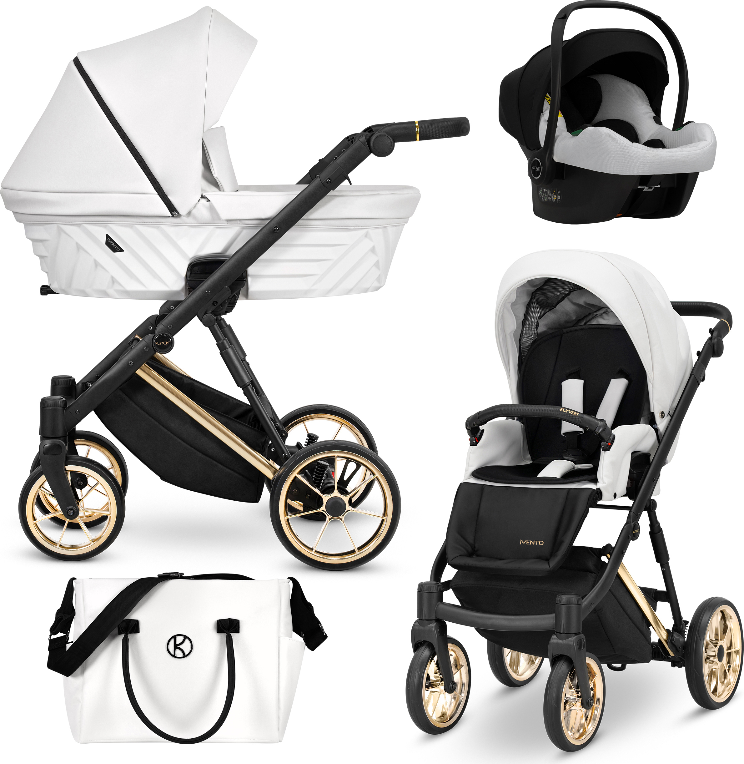 Kunert Kinderwagen IVENTO Sportwagen Babywagen Babyschale Komplettset Kinder Wagen Autositz Set 3 in 1 (White Pearl, Rahmenfarbe: Gold)