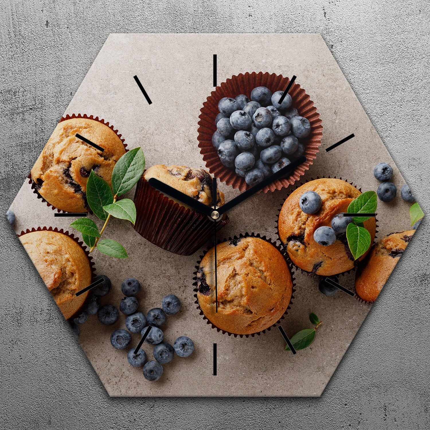 TastyPrints Uhr hexagonal 40 cm Glas Geräuschlos schwarze Zeiger - Blaubeere Muffins zshex-40-c-1468857773