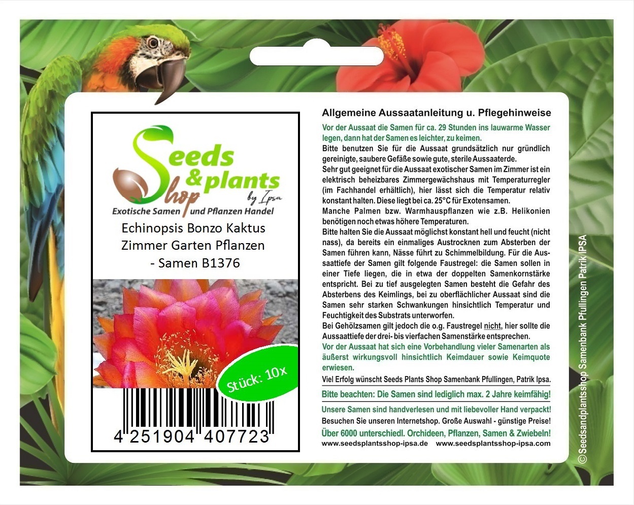 Seeds & Plants Shop by Ipsa 10x Echinopsis Bonzo Kaktus Zimmer Garten Pflanzen - Samen B1376