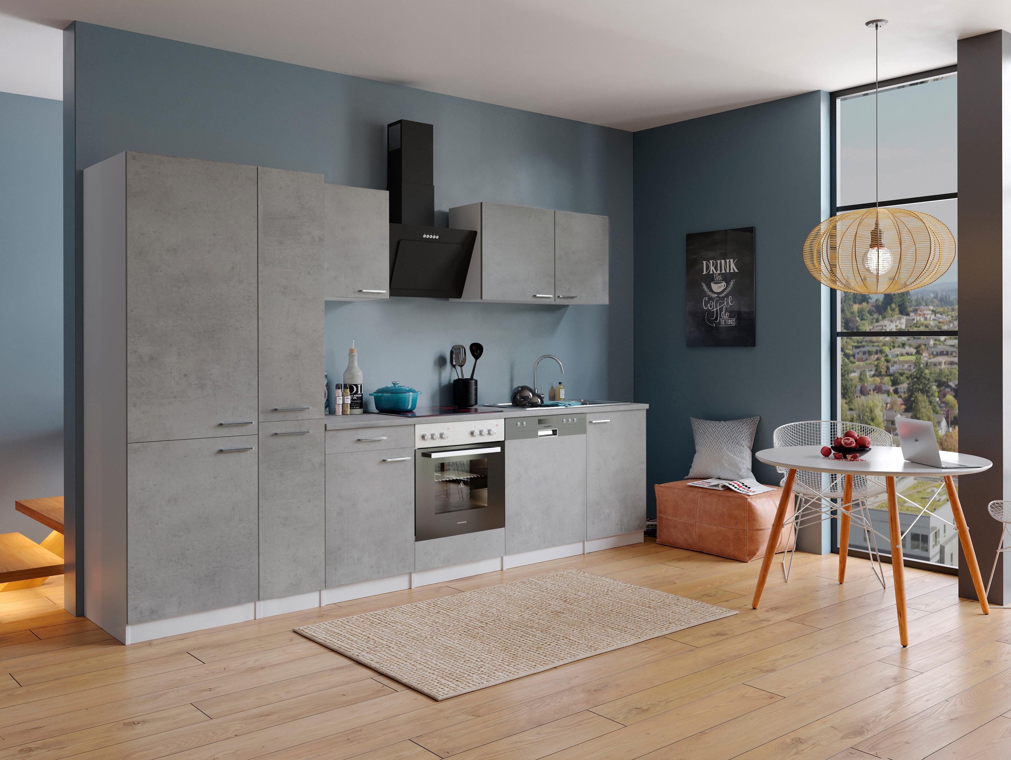 Küche Küchenzeile Küchenblock Einbauküche Weiß Beton Malia 310 cm Respekta