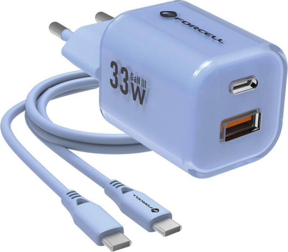 FORCELL F-ENERGY Crystal Color GaN III VT-41 travel charger with silicone cable with 1 x Type C + 1x USB A sockets, PD QC4.0 33W blue B-8876