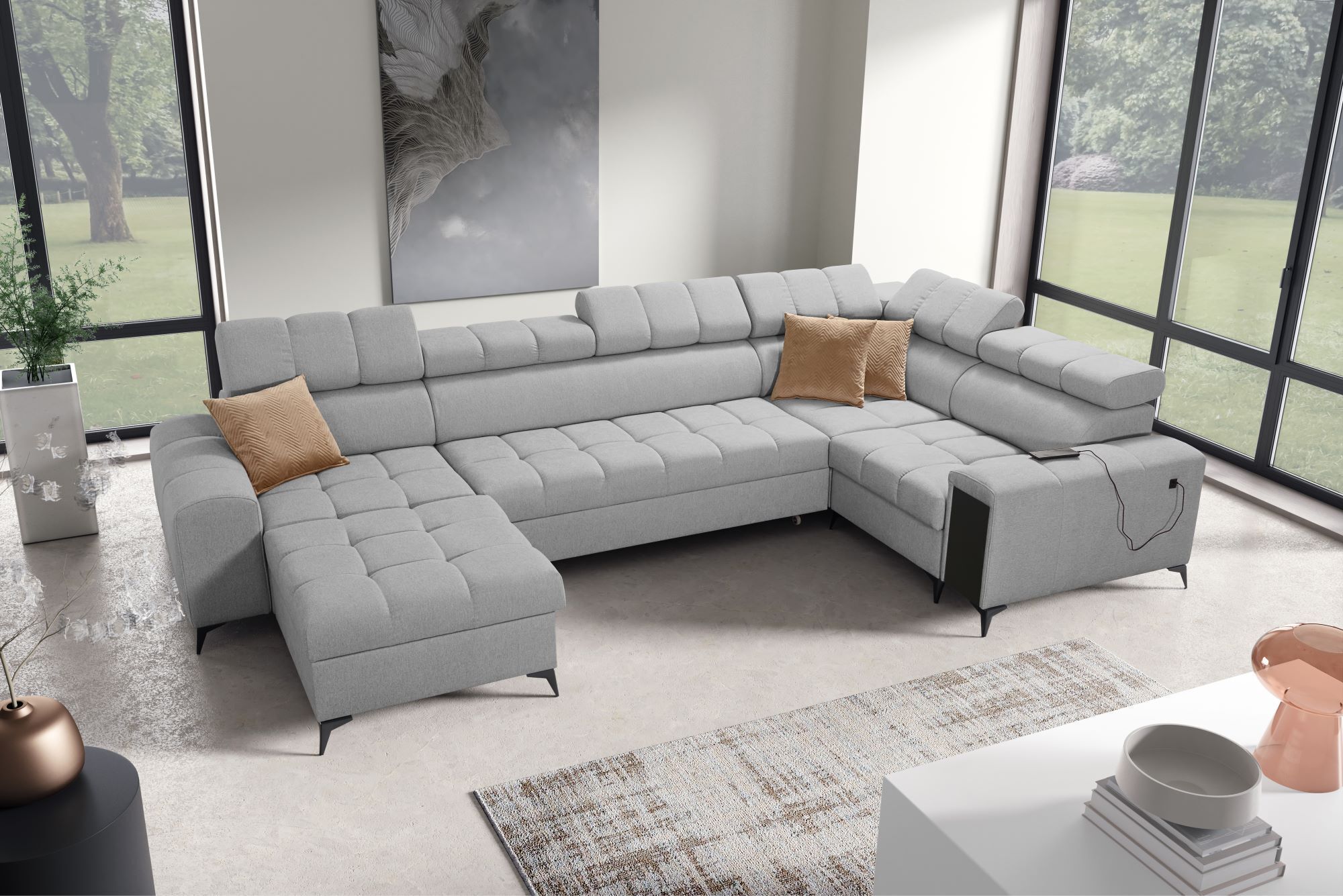 Wohnzimmer Sofa Wohnlandschaft in U-Form Ecksofa GREKO IV MAXI Grau Stoff AVRA 16 Ottomane Links IM SOFA
