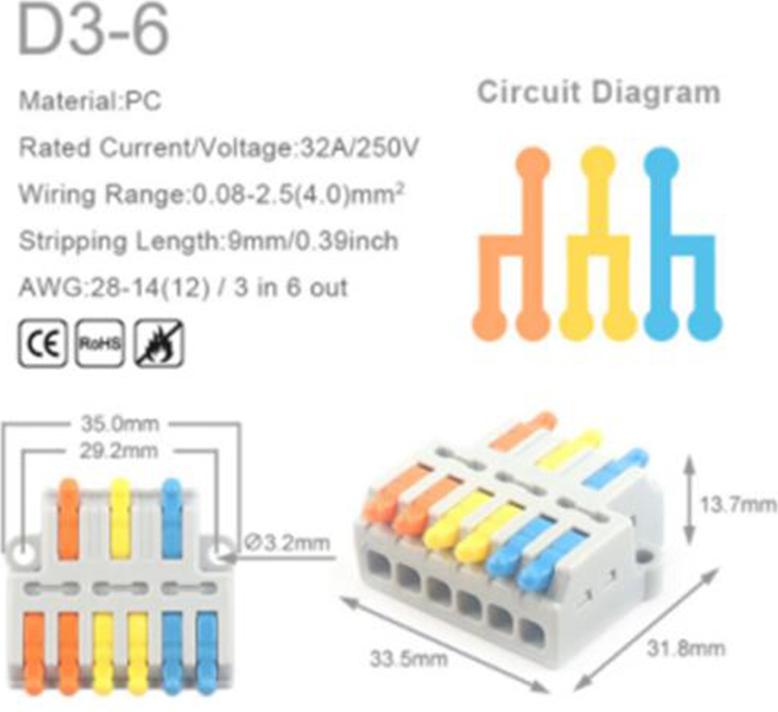 Funduino Mini-Verbindungsklemme 5 Stk. 32A/250V - D1 / D2 / D3 : 3 auf 6 - mehrfarbig Ausführung: 3 auf 6 - mehrfarbig