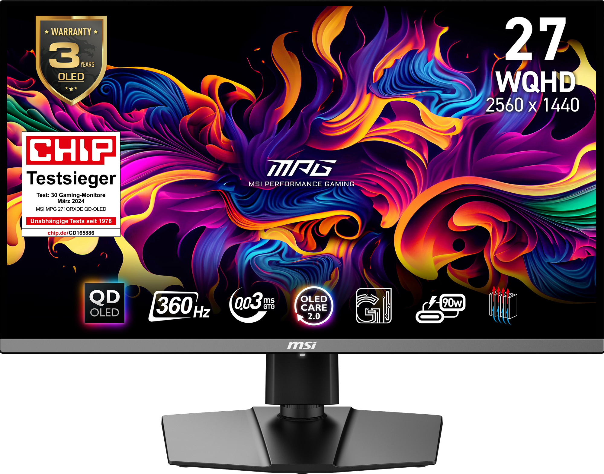 MSI MPG 271QRXDE QD-OLED, 67,3 cm (26.5"), 2560 x 1440 px, Wide Quad HD, QD-OLED, 1 ms, Čierna