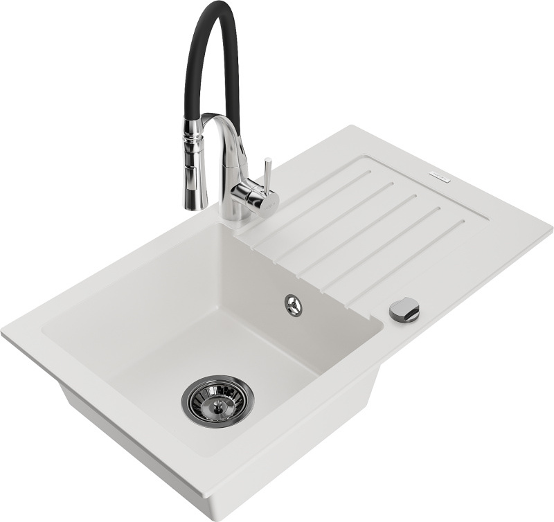 Mexen Pablo 1 Becken-Granitspüle mit Abtropffläche und Mischbatterie Aster, Weiß - 6510-20-73450-07-B 90