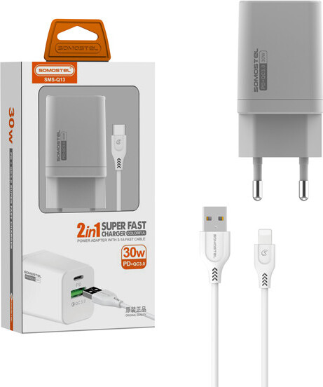 Sieťová Nabíjačka 30W + Kábel Iphone Biela Somostel Power Delivery Qc3.0 Q13 Dual Usb + Pd