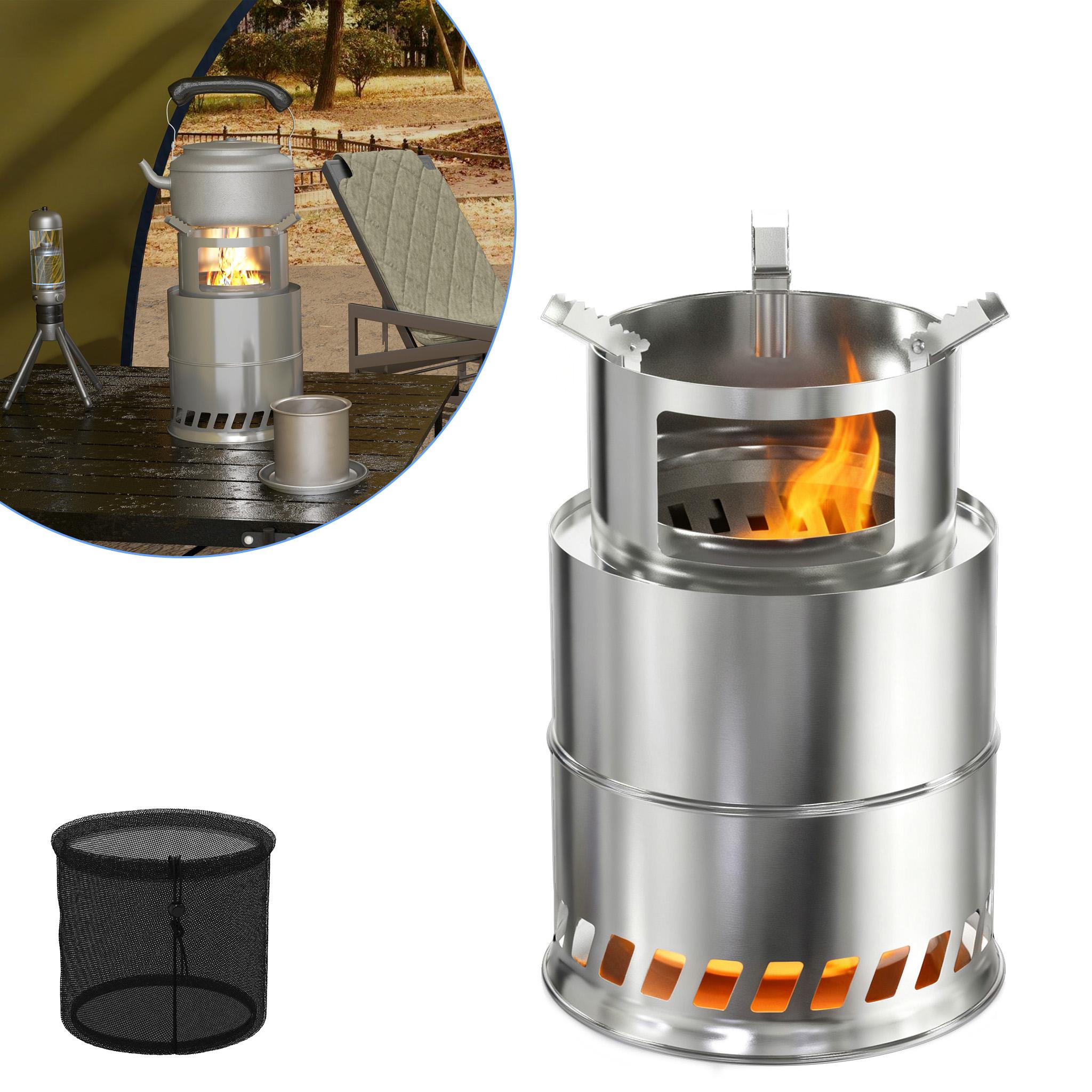 LZQ 3-in1 Holzofen Campingkocher aus Edelstahl, Hobo Kocher mit rutschfestem Topfständer, ideal zum Braten, Kochen, Grillen & BBQ, mit Tragetasche