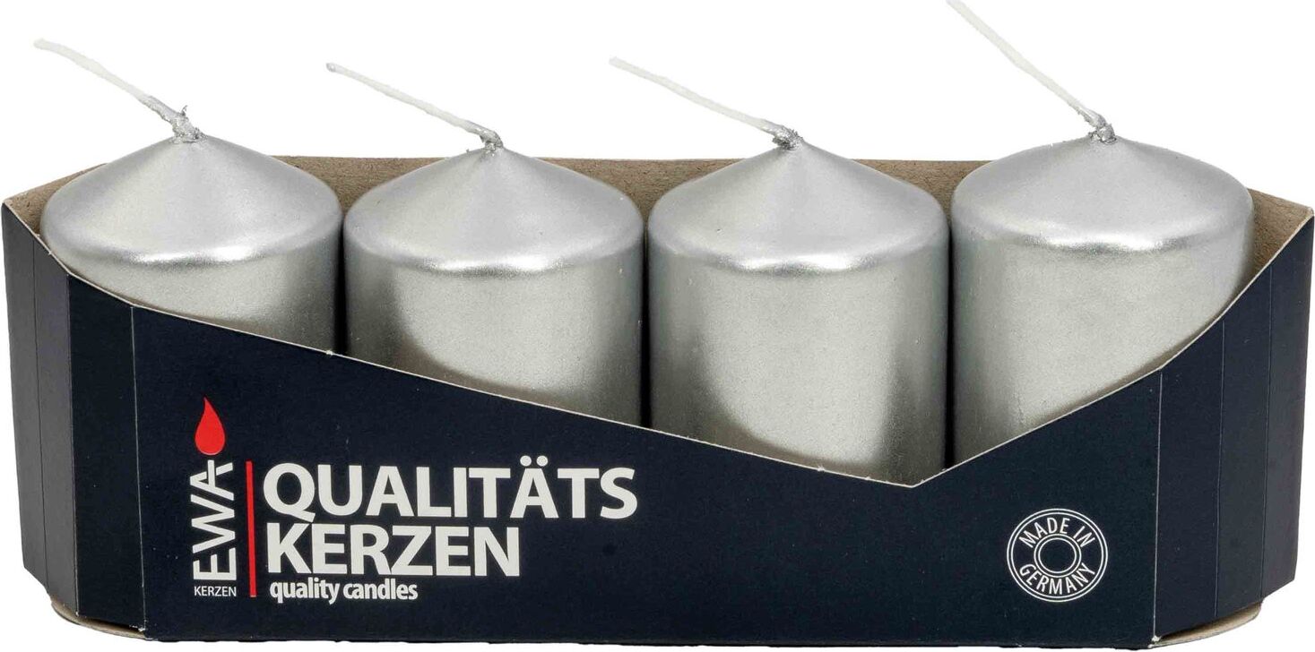 Set Di 4 Candele A Colonna BURI Metallic Argento - 50x80 Mm, Superficie Liscia - Perfette Per Avvento, Natale E Decorazioni Tavola - 4